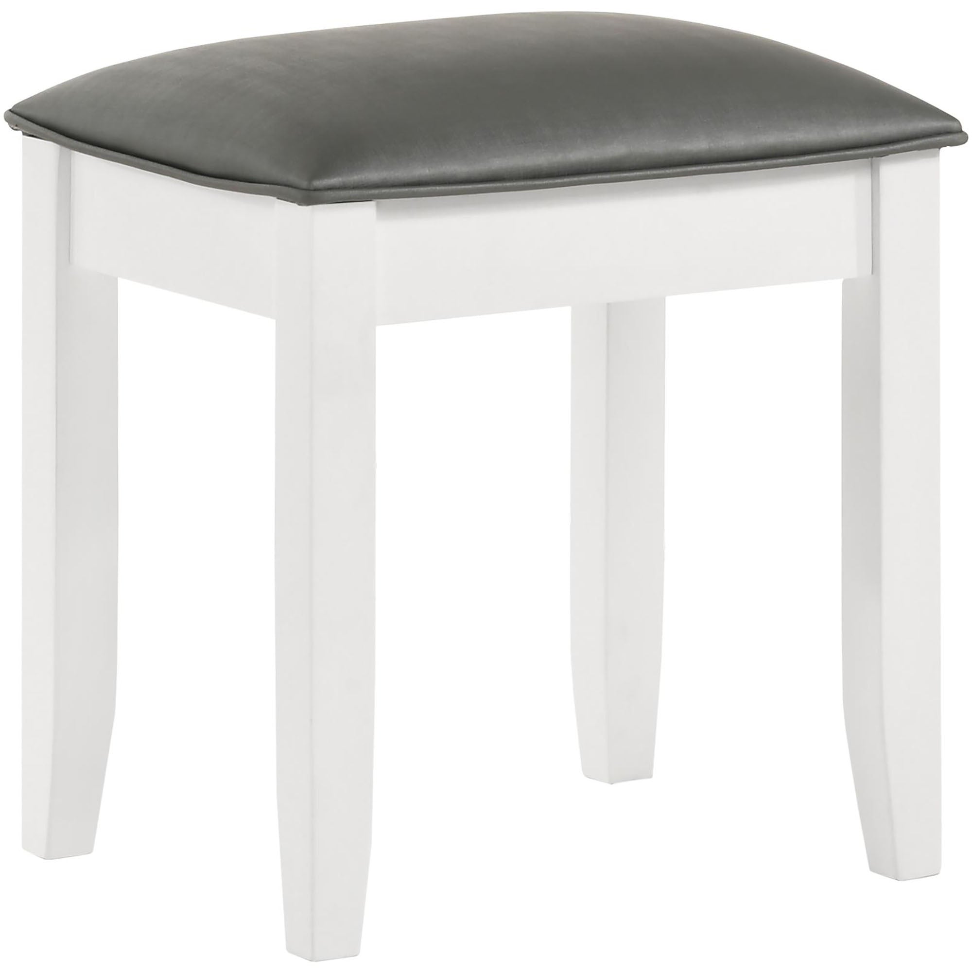 Glossy White Vanity Stool with Padded Seat in White Finish, Crafted from Wood and Upholstered for Comfort