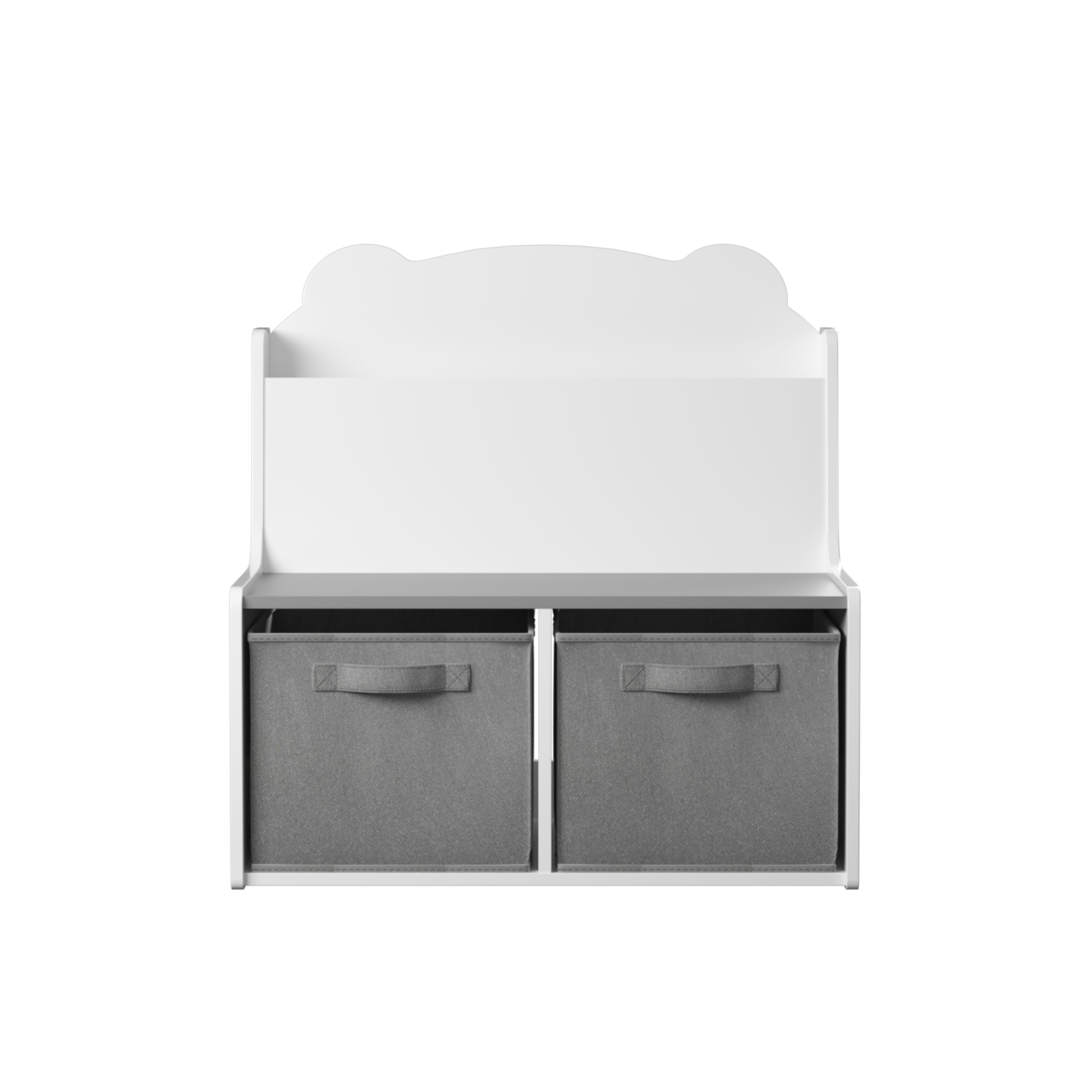 Kids Bookshelf with Storage Bins – Wooden Bookcase with Book Display Shelf and 2 Fabric Bins, Cute Bear-Shaped Backboard, Toy Organizer for Toddlers and Children, White and Gray