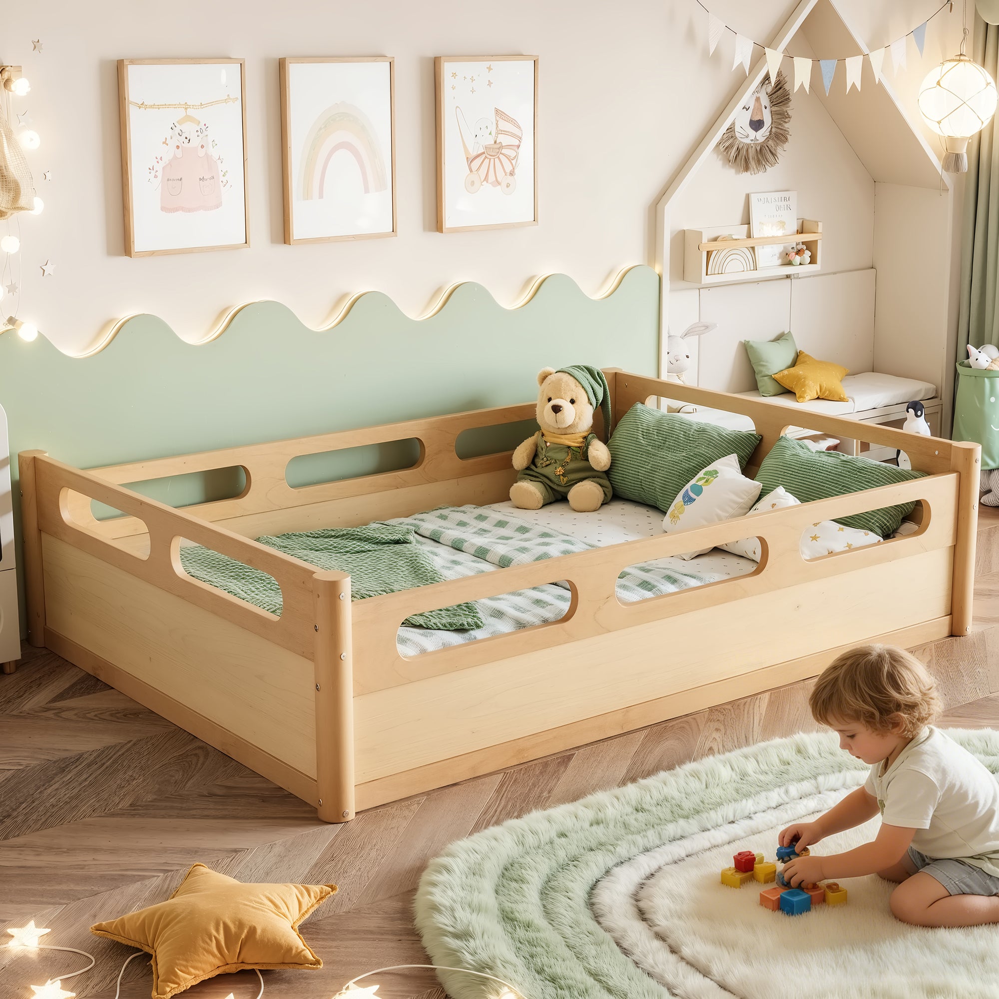Full Size Floor Platform Bed with Full-length Guardrails, Low Profile Full Bed Frame, No Box Spring Needed, Natural