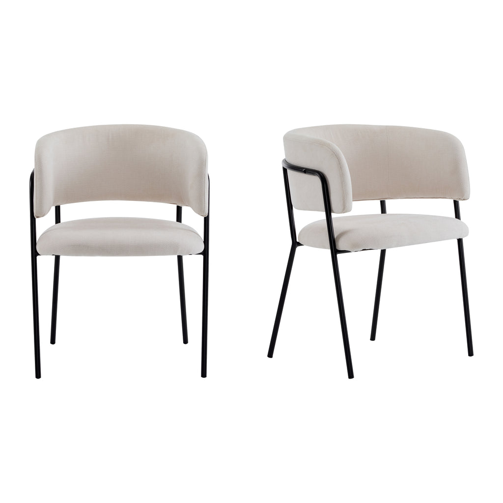 Modern Upholstered Arm Dining Chair Set of 2 - Beige Fabric with Metal Legs