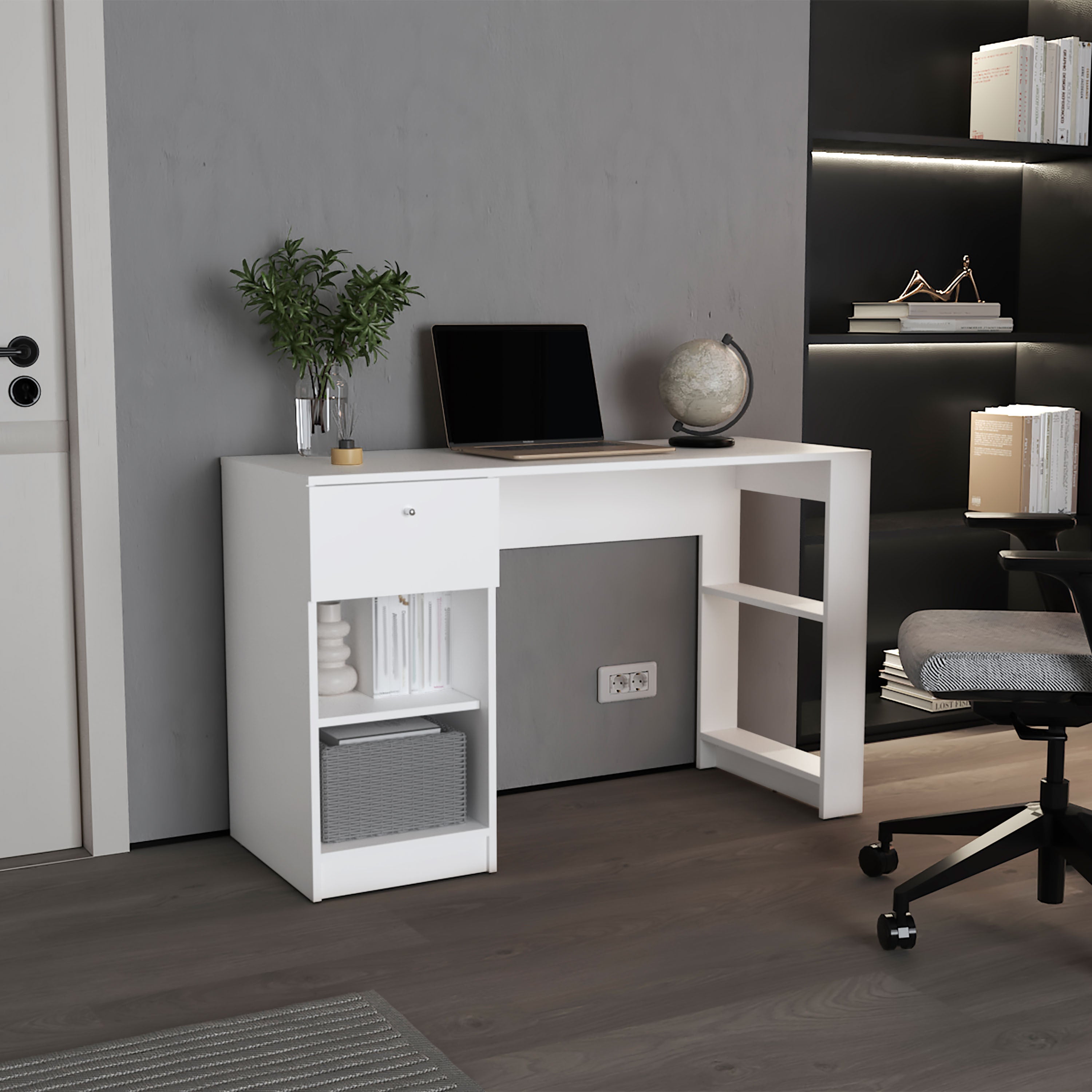 120-Home  47' Wide One Drawer Desk , Four Shelves, Writting Desk, Gamer Desk, Home Office, Living Room White