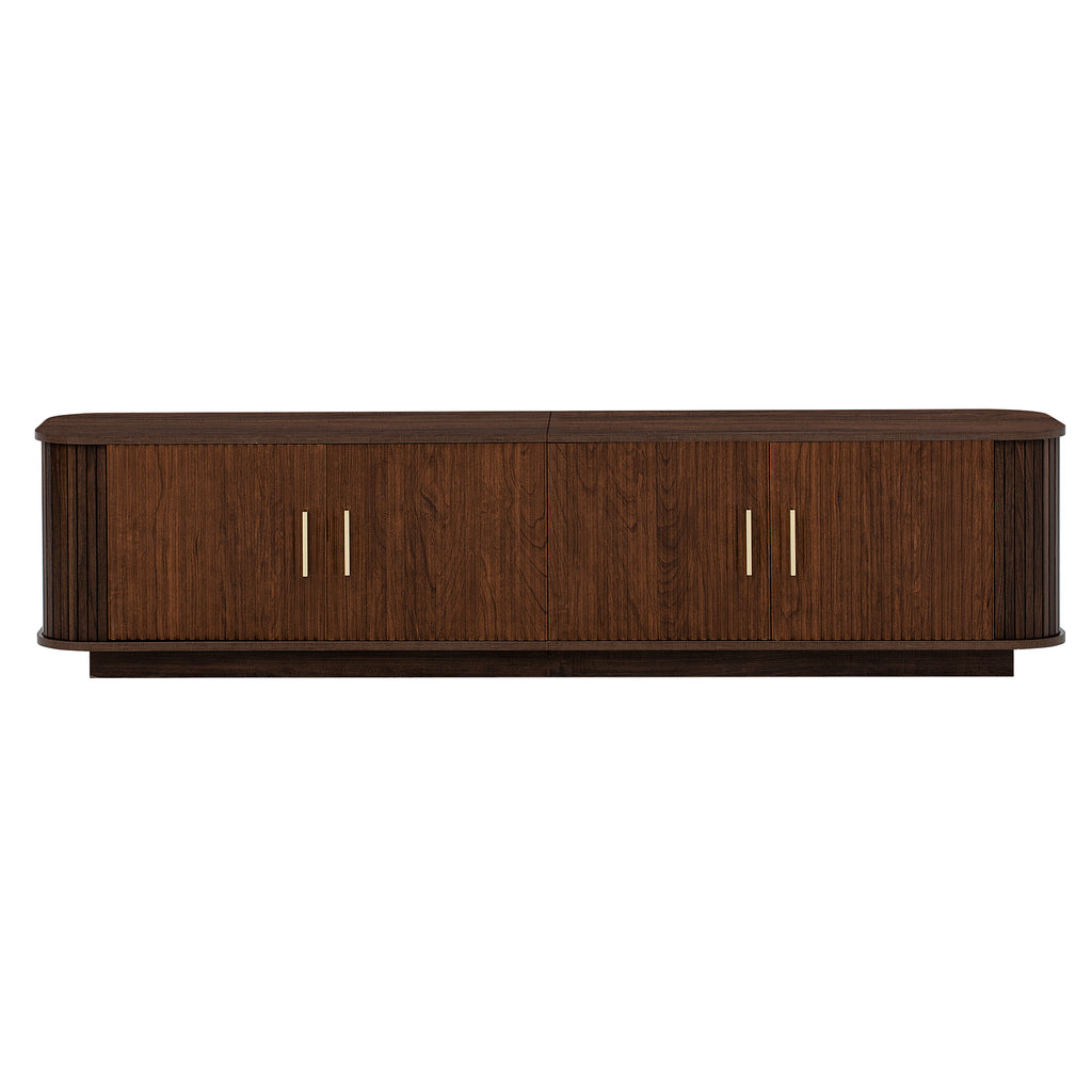 70-inch Modern TV Stand for TVs up to 80 inches, Dark Brown Woodgrain Finish with Ample Storage, MDF Construction, Refined Curved Corners