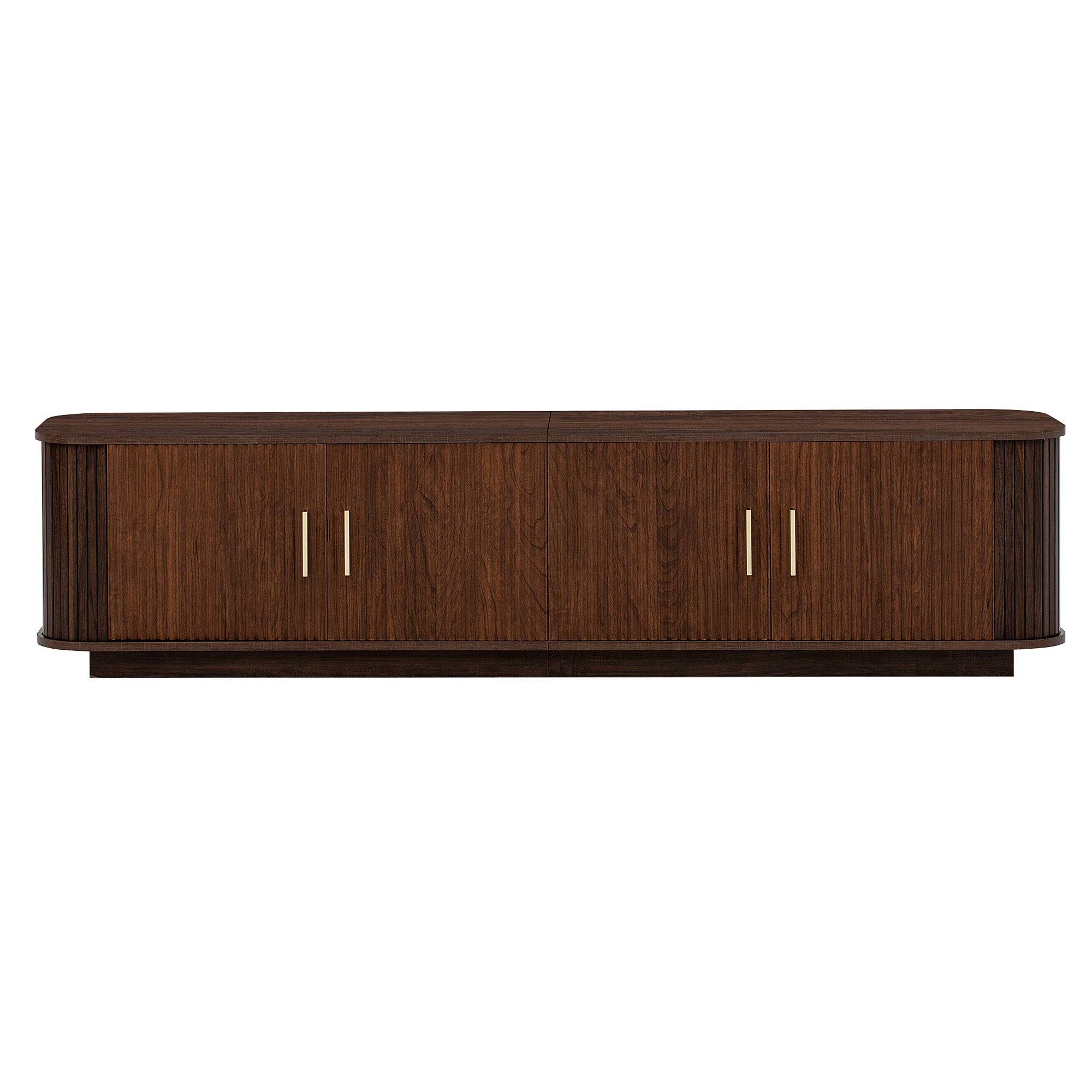 70-inch Modern TV Stand for TVs up to 80 inches, Dark Brown Woodgrain Finish with Ample Storage, MDF Construction, Refined Curved Corners