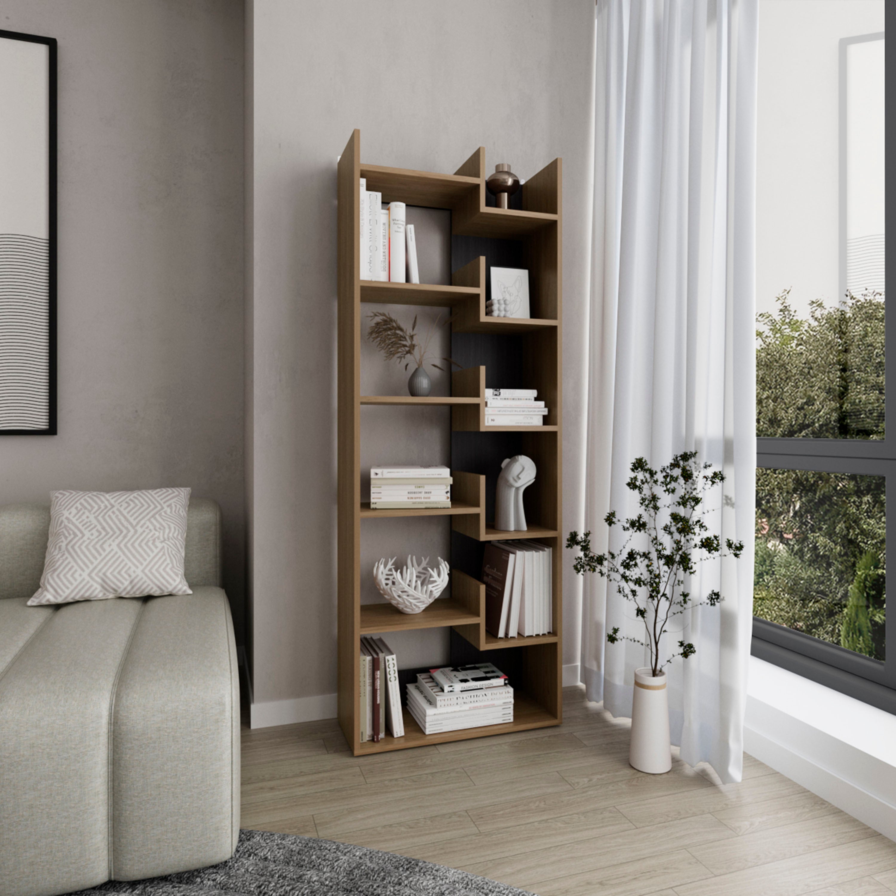 Clover 67' Tall Free standing 6-Tier Bookcase Storage Cabinet, Home Office, Living room, Bookshelf Dark Walnut