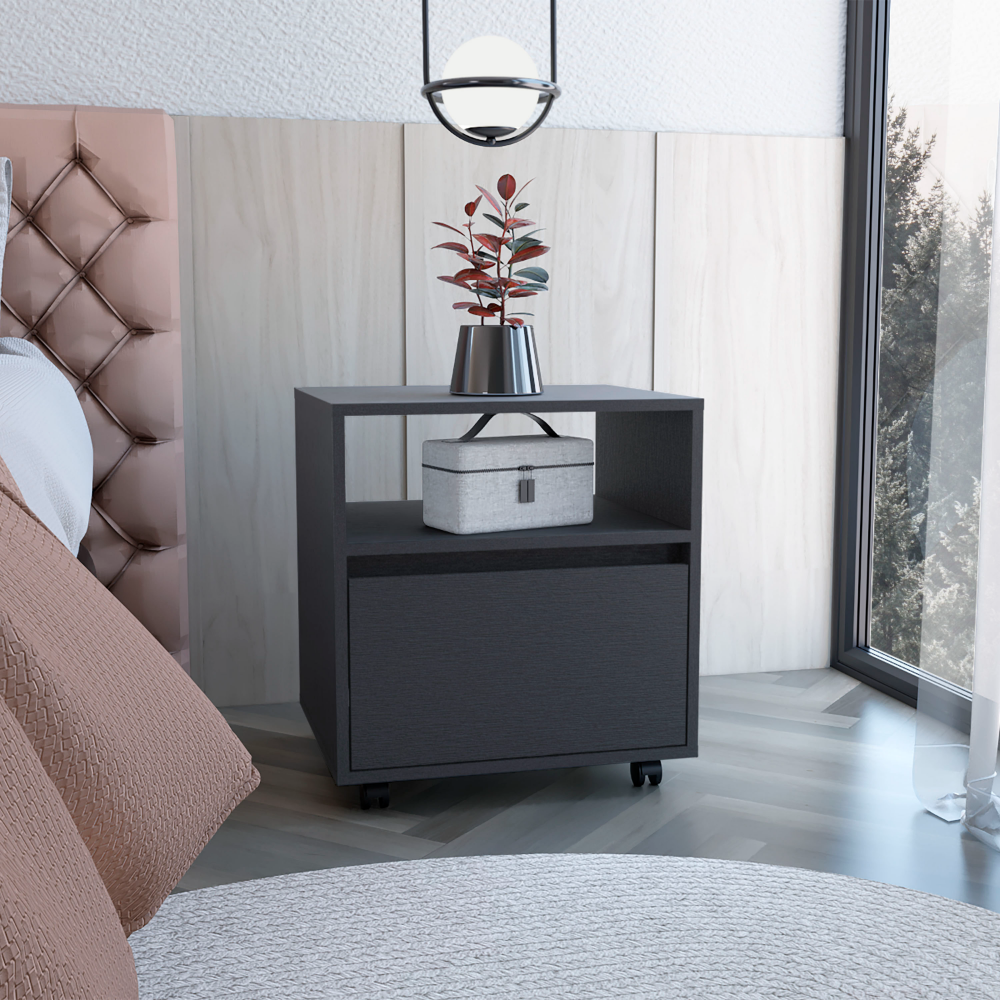 Austin Nightstand , End Table, Side Table Casters, Single Drawer-Black
