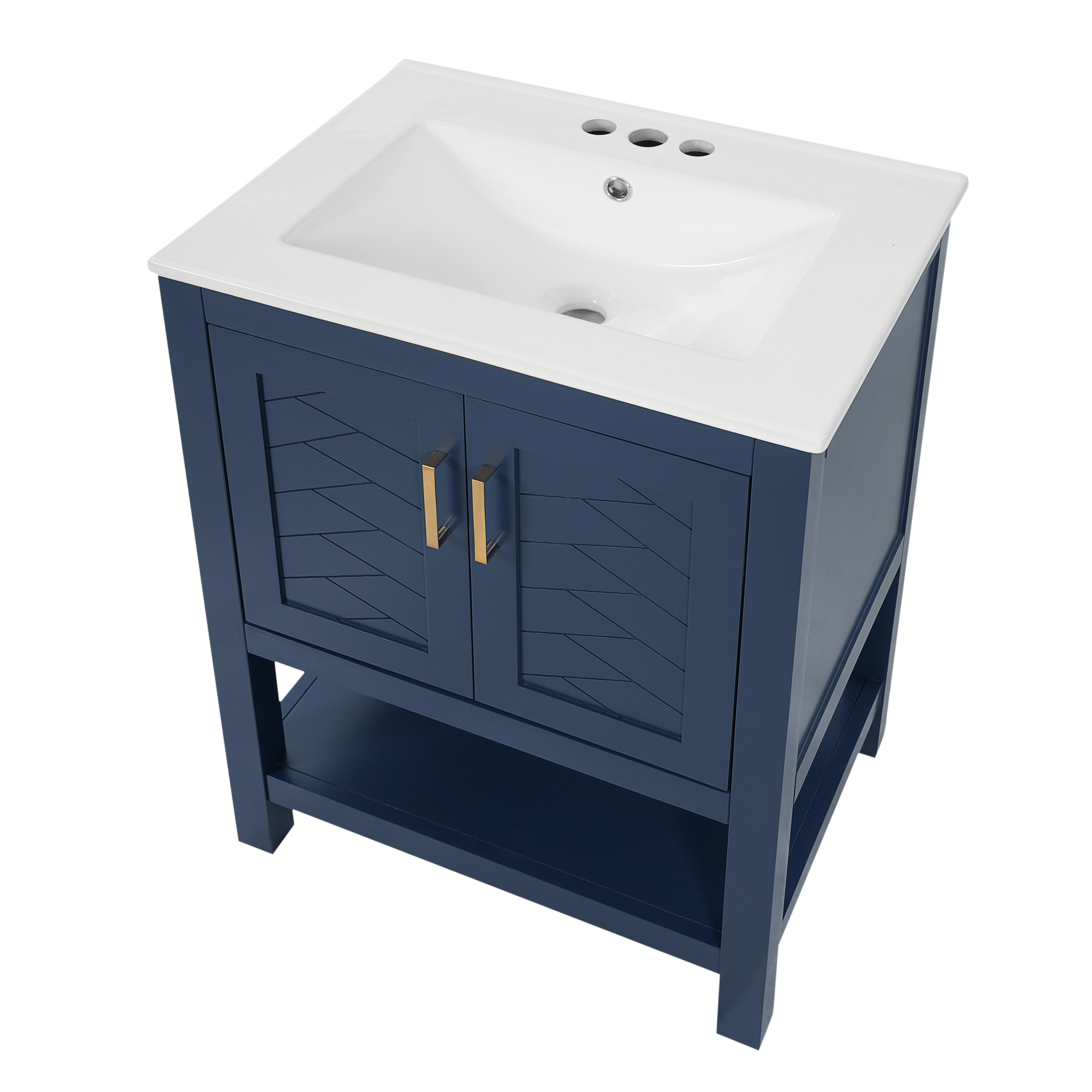 24' Modern Bathroom Vanity in Blue with Twill Design, Soft-Close Hinges, Adjustable Shelf & Open Back Structure, Made of Ceramic Sink and Solid Wood-MDF Cabinet