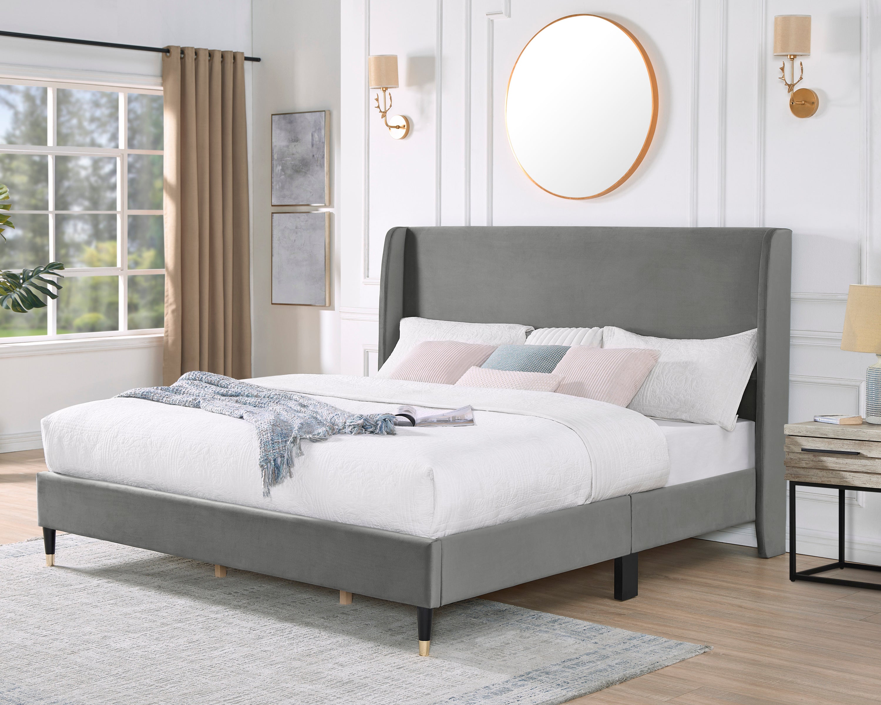 Rozitta Gray Velvet Wingback Platform Bed, King