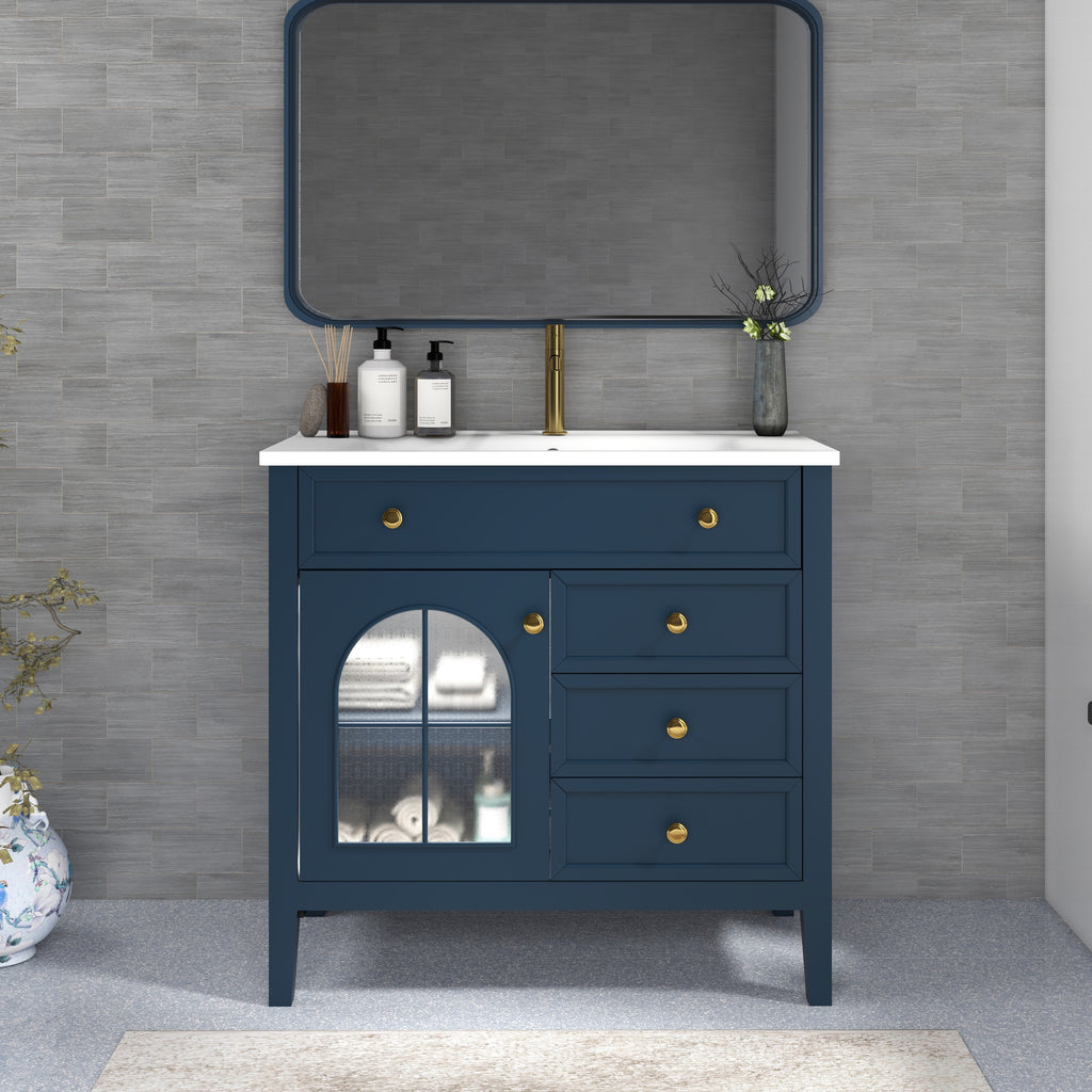 35.6' Mid-Century Bathroom Vanity Sink with Patterned Glass & Motion-sensor Light Strip, Farmhouse Freestanding Bathroom Vanity Sink with Storage, High-end Restroom Vanity Cabinet,Blue
