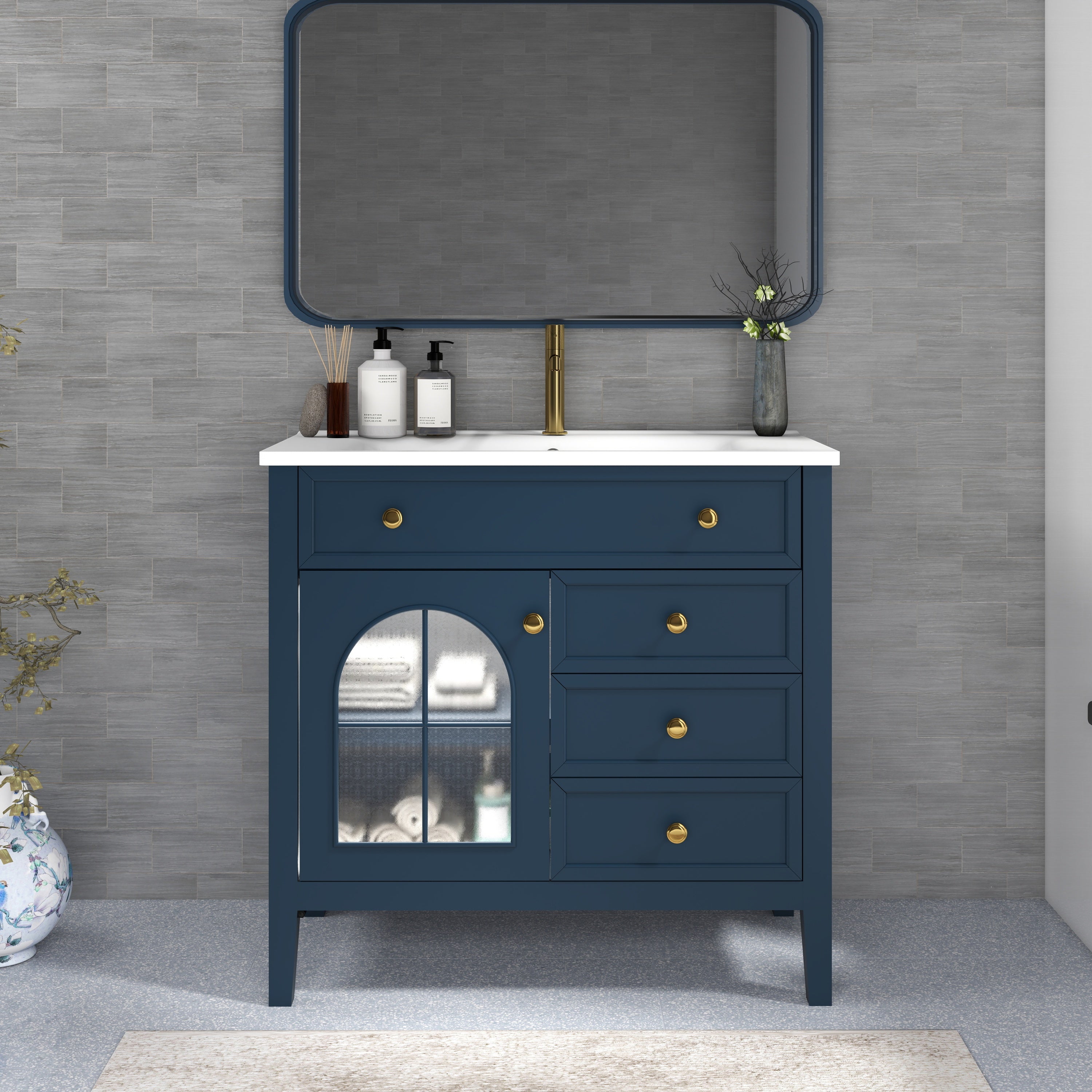 35.6' Mid-Century Bathroom Vanity Sink with Patterned Glass & Motion-sensor Light Strip, Farmhouse Freestanding Bathroom Vanity Sink with Storage, High-end Restroom Vanity Cabinet,Blue