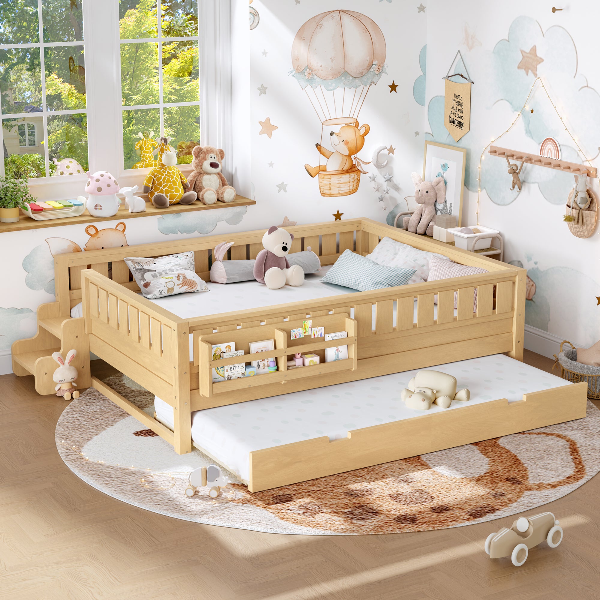 Queenueen with built-in bookshelves and small staircase, high-quality safety rails, and Trundle,Light Natural
