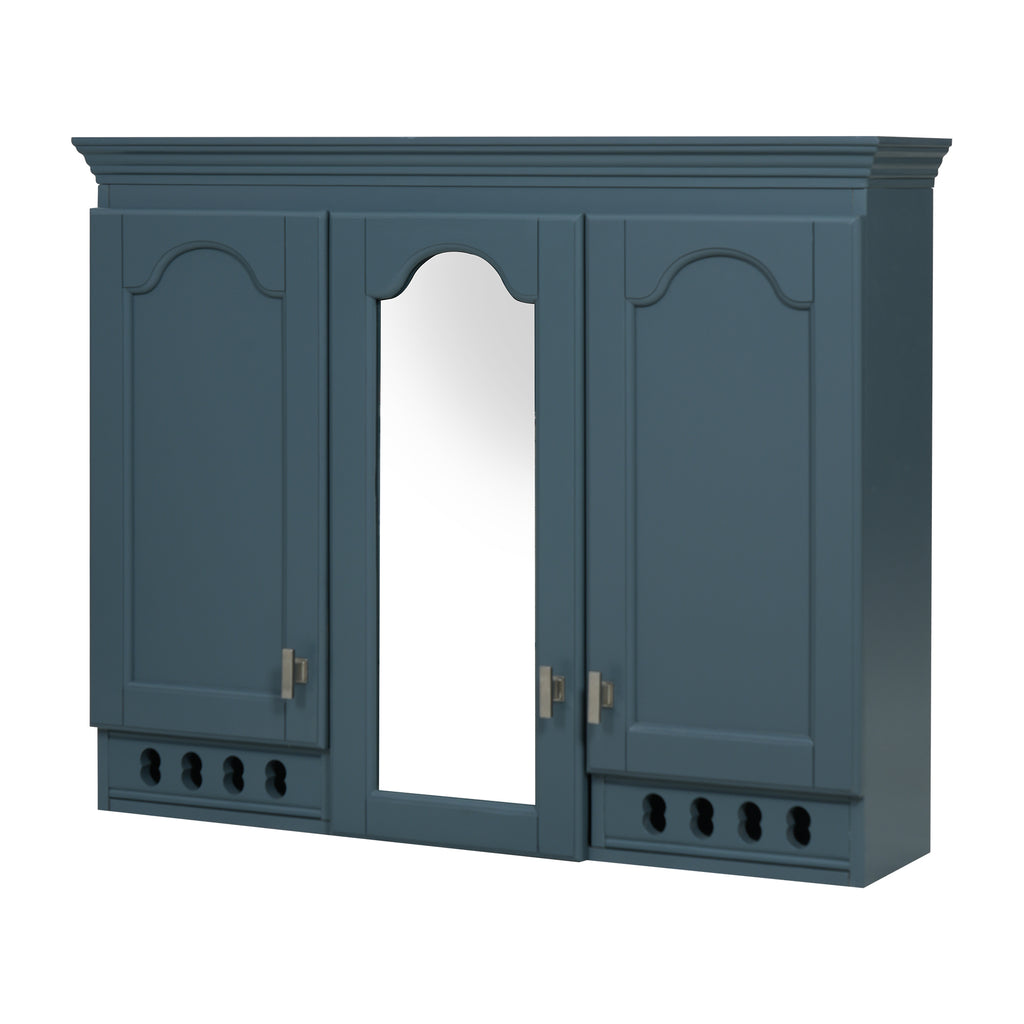 Modern Blue Wall-Mount Mirror Cabinet with Adjustable Shelves, Soft-Closing Hinges, MDF and Rubber Wood Frame, 35 inch