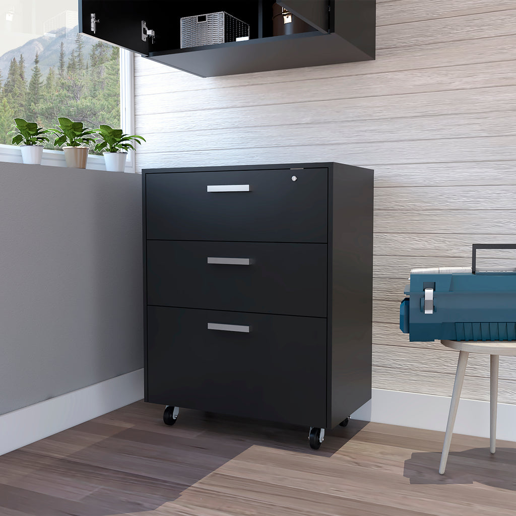 Three Drawer Base Cabinet  with Caster, lock and full extension rails fr Garage storage system Black