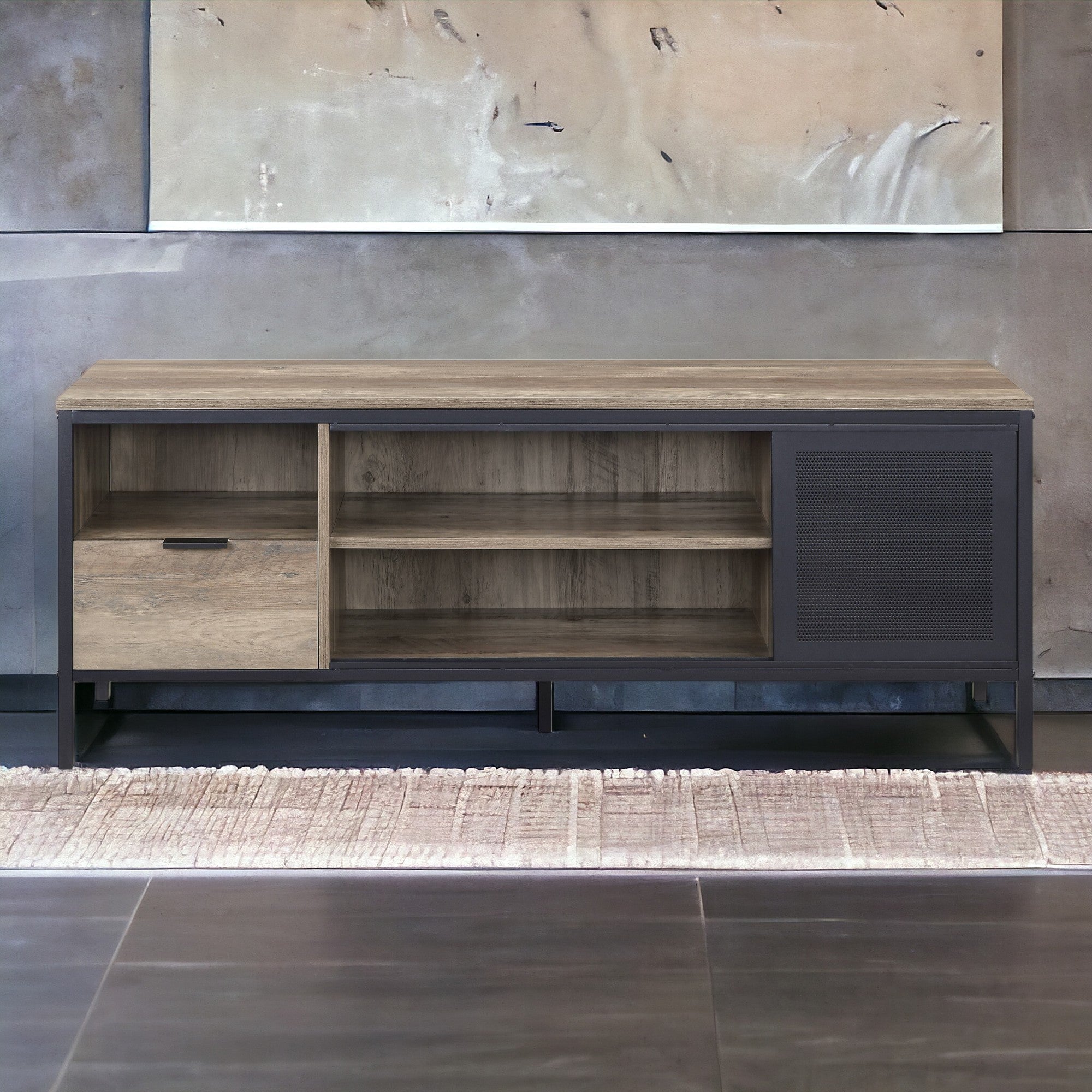 Rustic Oak and Black 1-Drawer TV Stand
