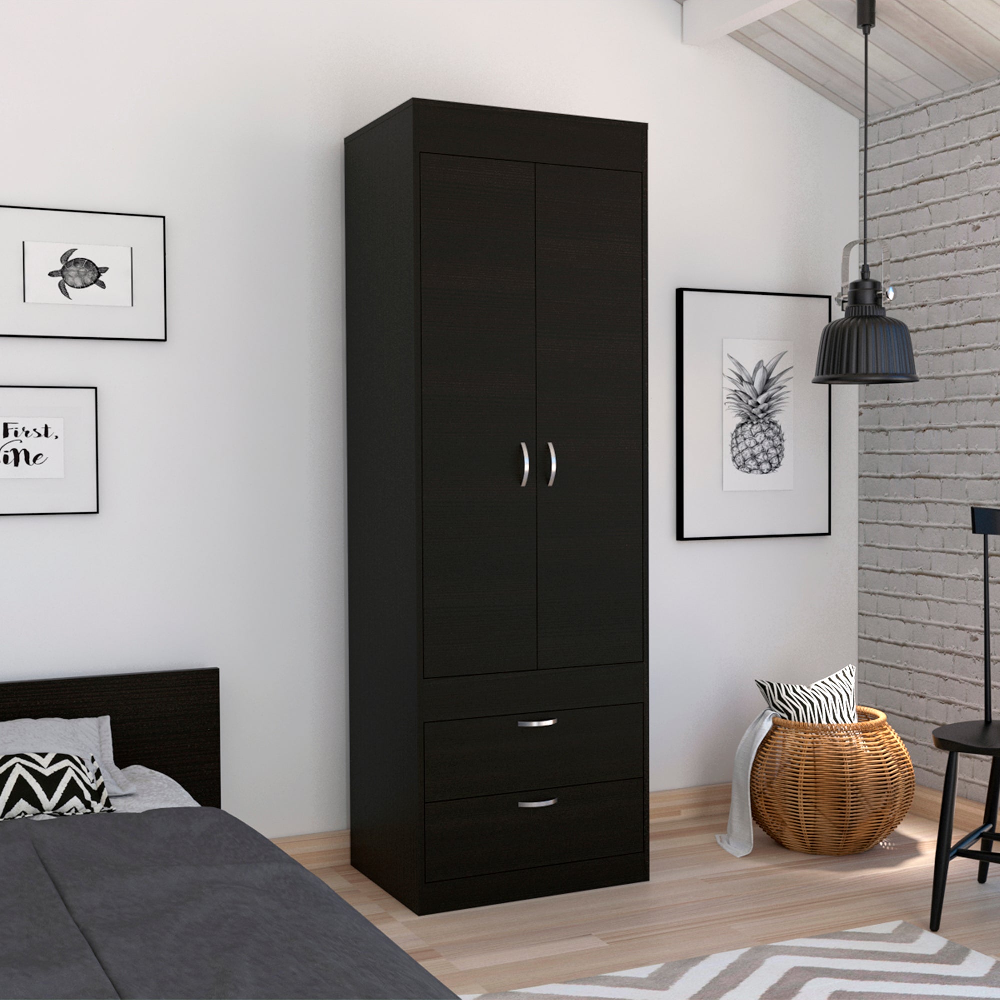 Lisboa Armoire, Rod, Double Door, Two Drawers, Metal Handles