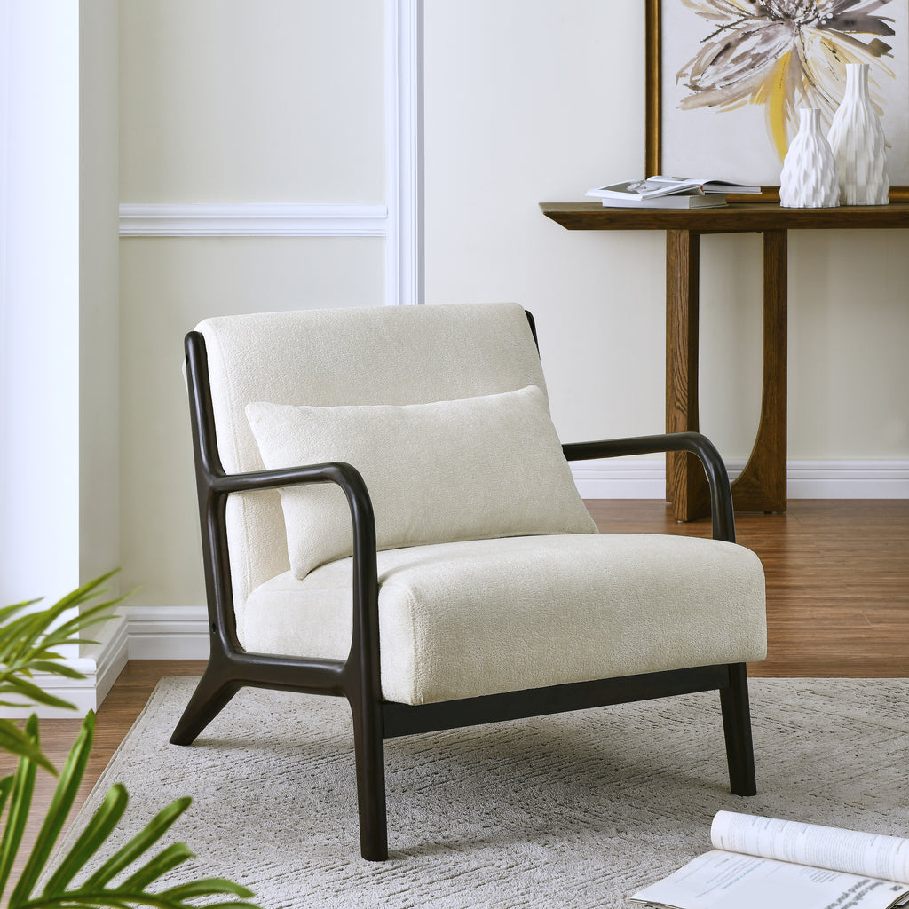 Eterna Mid-Century Modern Style Accent Chair with Removable Lumbar Pillow, Black Finish Solid Wood Legs, White Seat