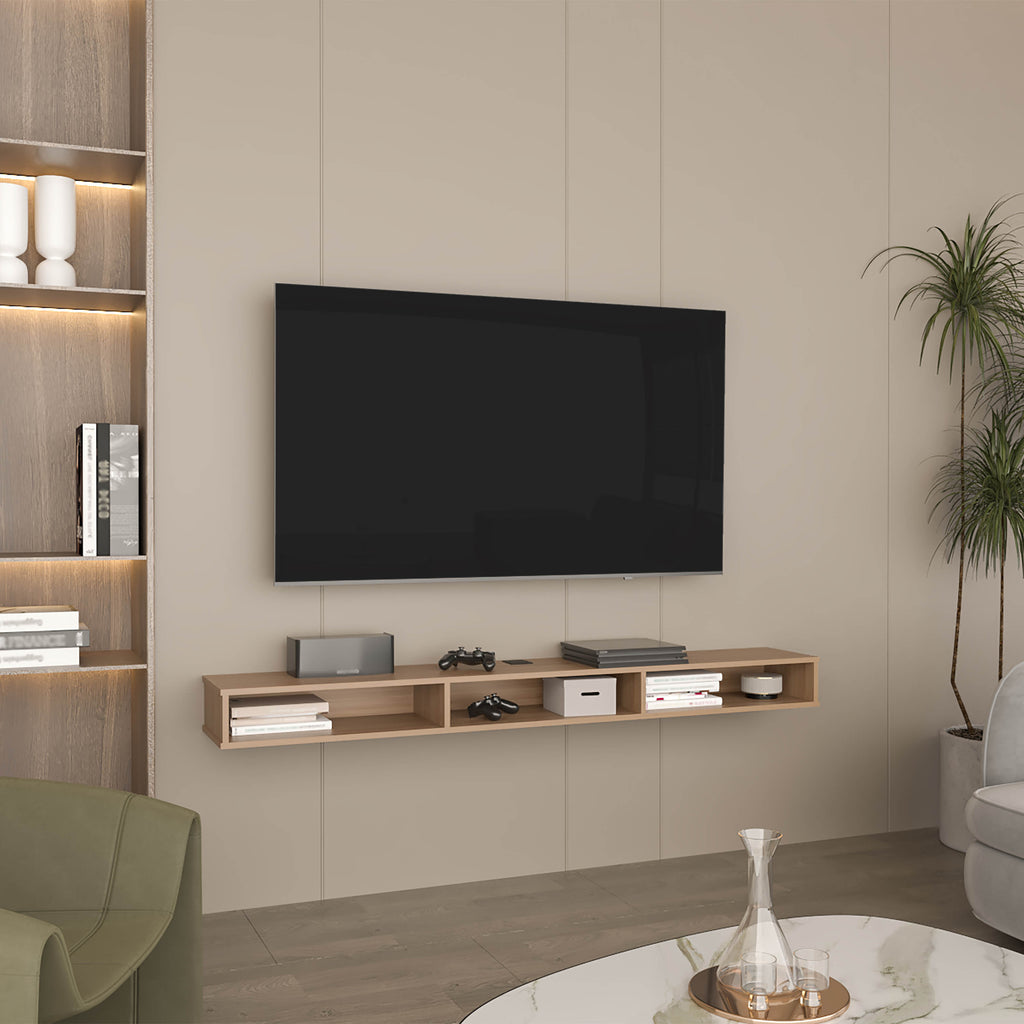 Luft 71' Wide 3-Shelves Floating TV Stand,Wall Mounted,  Media Console Entertainment Center with cable management, for Living Room, Bedroom Natural Oak