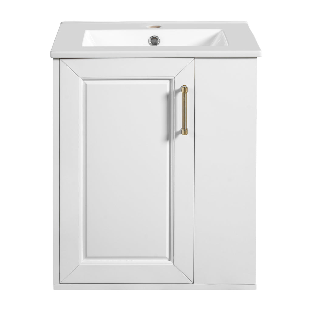 20' Wall Mounted Bathroom Cabinet with Side Shelf Combo, Modern White Vanity with Ceramic Sink, Solid Wood & MDF Construction