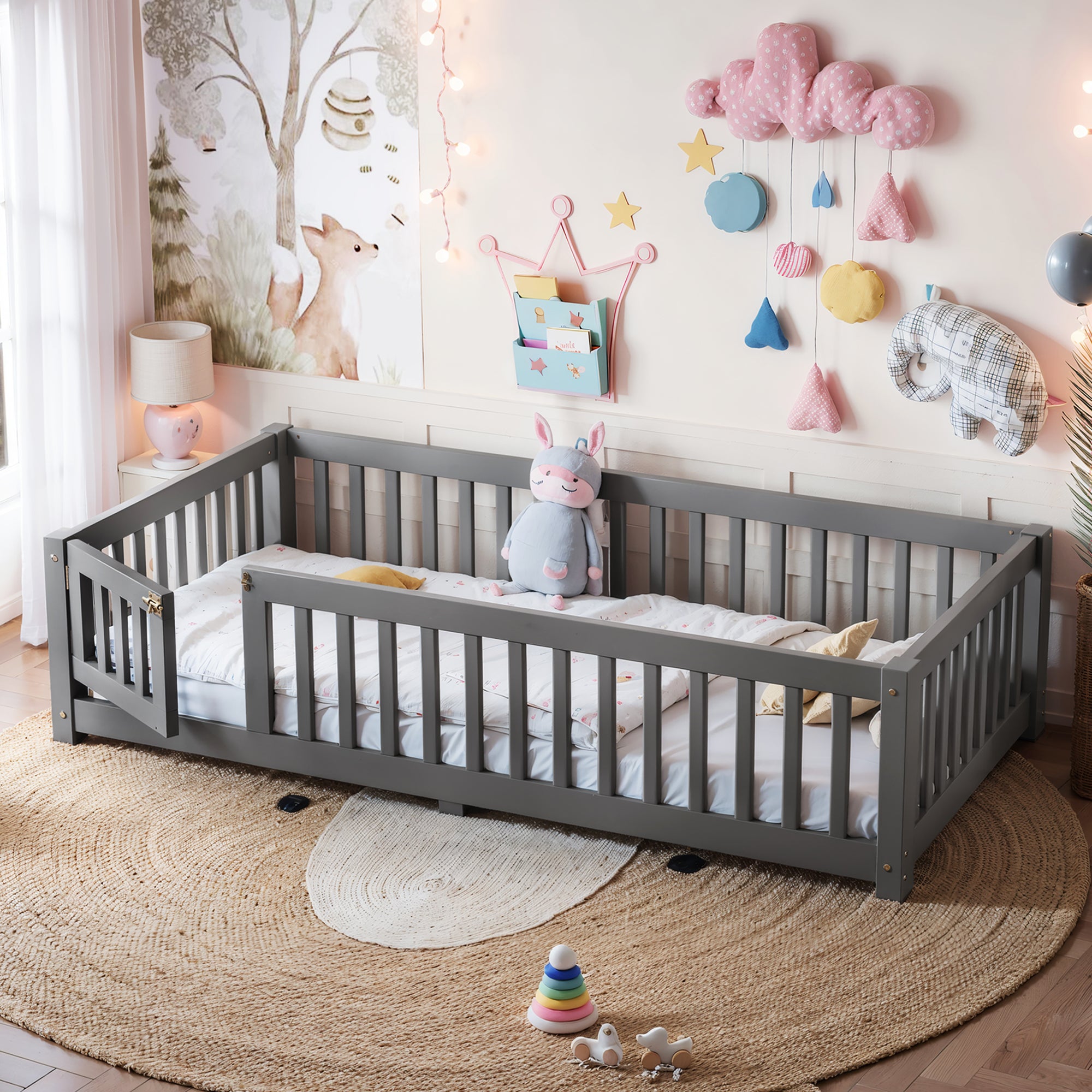 Twin Size Bed Floor Bed with Safety Guardrails and Door for Kids, Gray