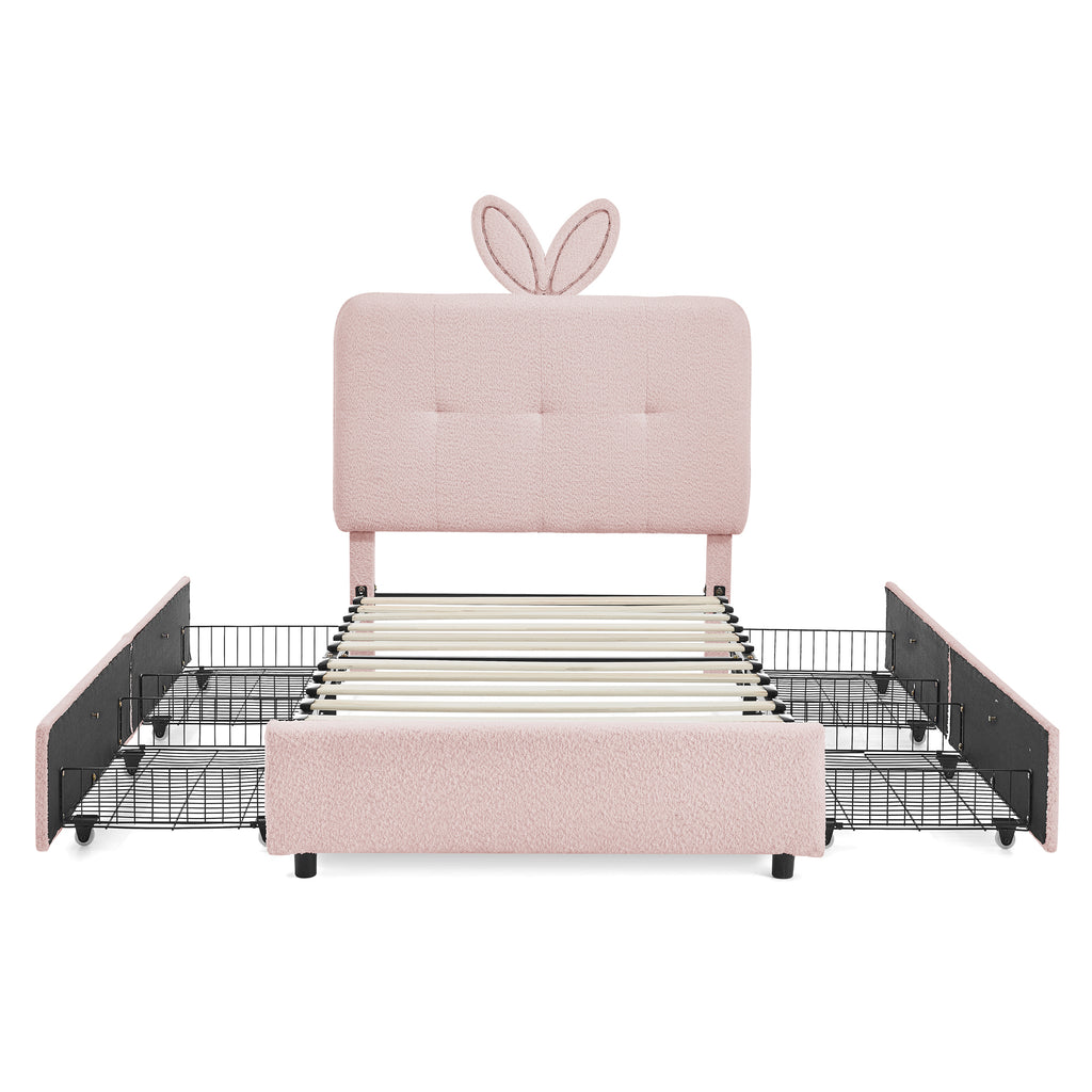 Pink Twin Size Kids Upholstered Bed with Oversized Rabbit Ear Headboard, LED Light & 4 Storage Drawers in Boucle Fabric, 79.5''X40.75''X41''