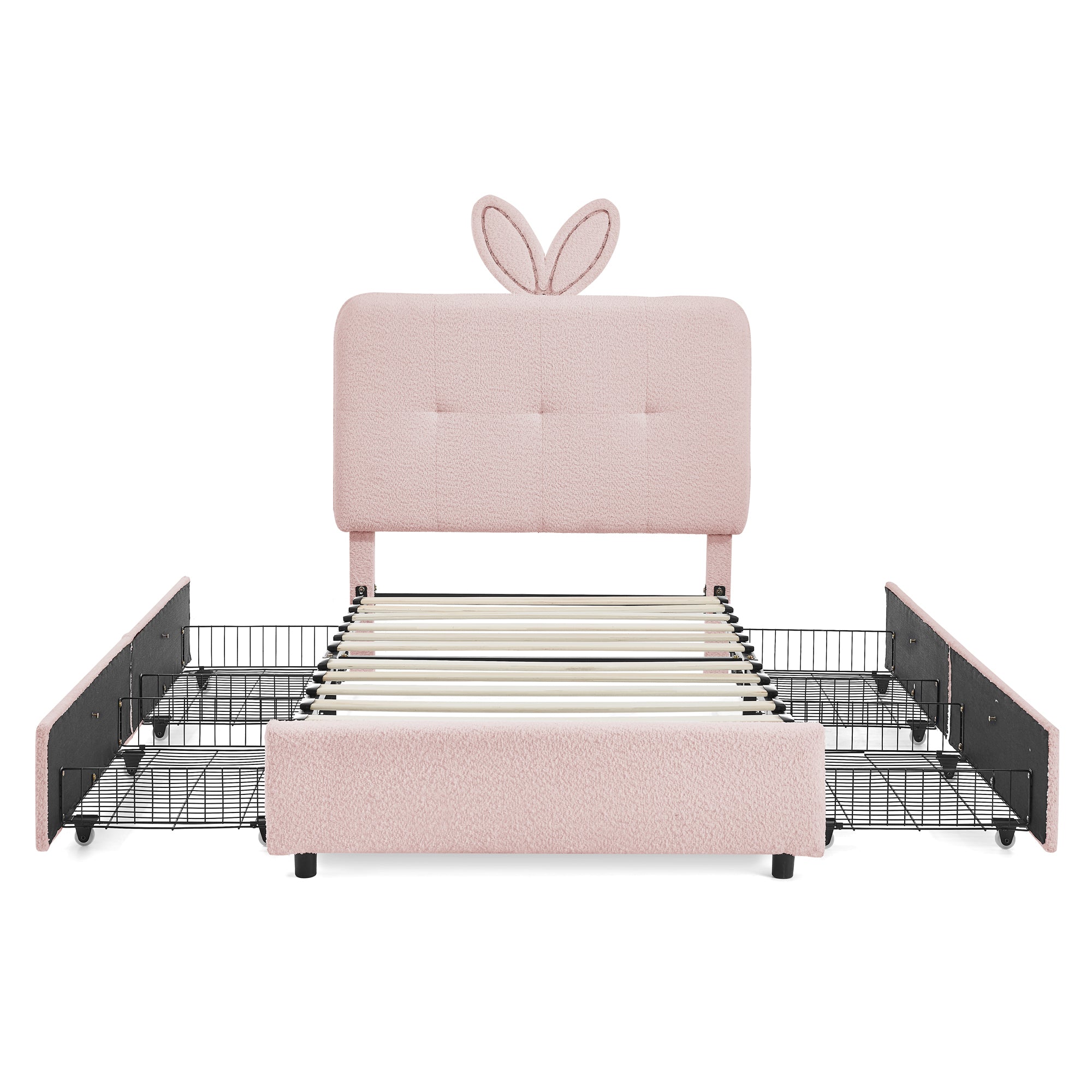 Pink Twin Size Kids Upholstered Bed with Oversized Rabbit Ear Headboard, LED Light & 4 Storage Drawers in Boucle Fabric, 79.5''X40.75''X41''