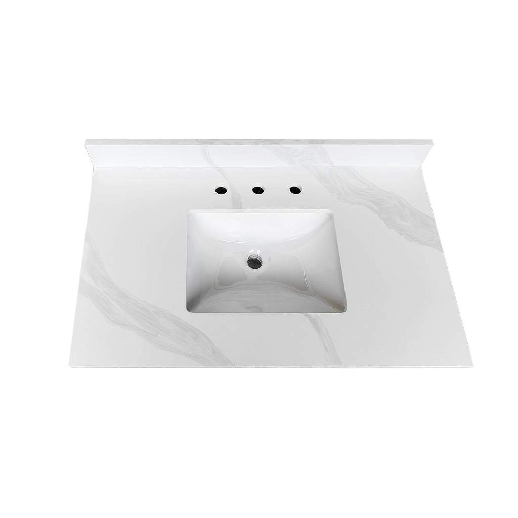 37-inch Quartz Bathroom Vanity Top, 3/4' Thick with Undermount Single Bowl Middle Sink, 4 Inch High Backsplash, 3 Pre-Drilled Faucet Hole, Stain & Heat Resistant, Carrara White Quartz with Veins