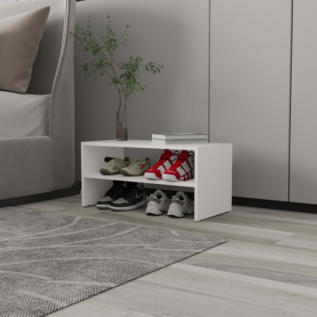 White 2-Shelf Shoe Rack with Low Horizontal Design