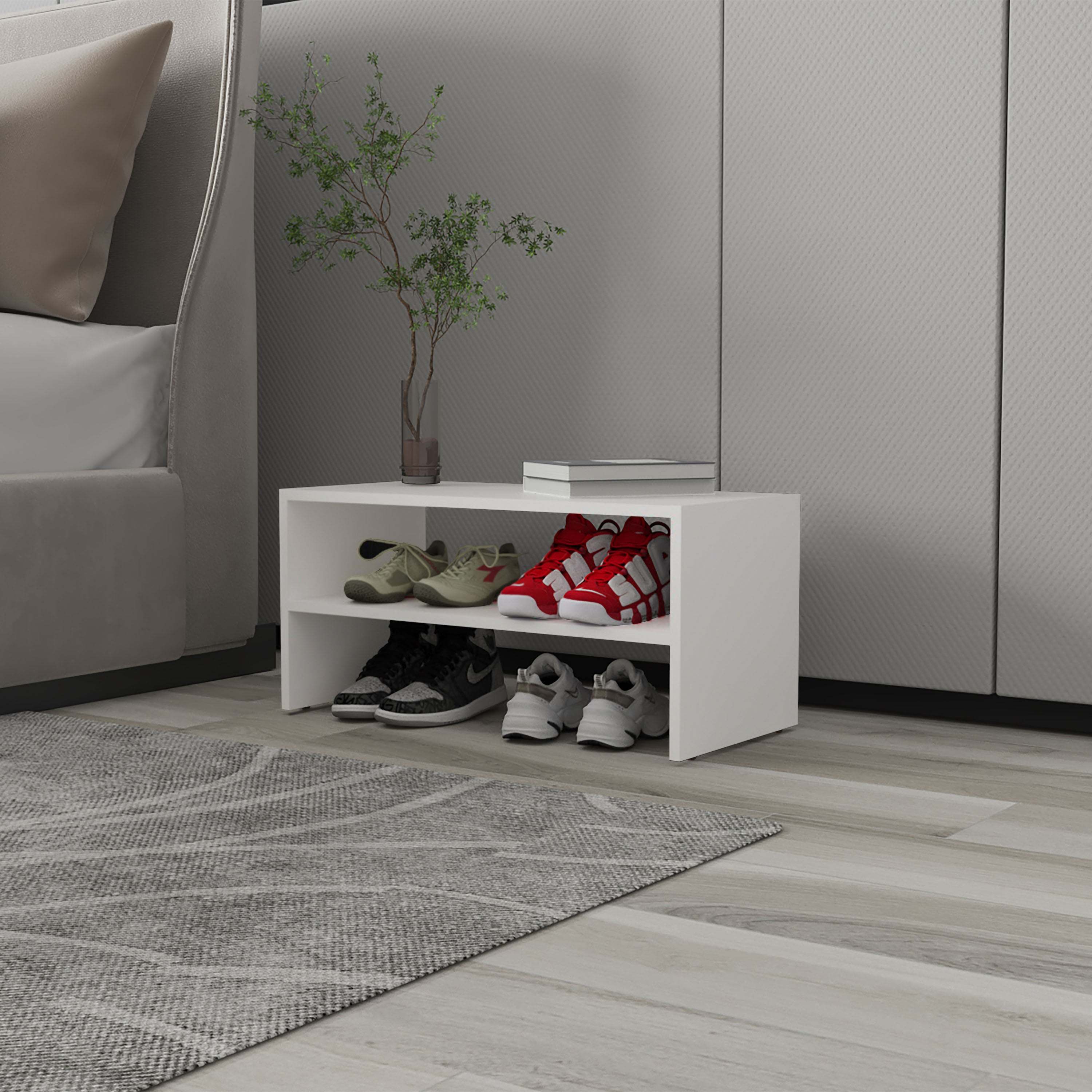 White 2-Shelf Shoe Rack with Low Horizontal Design
