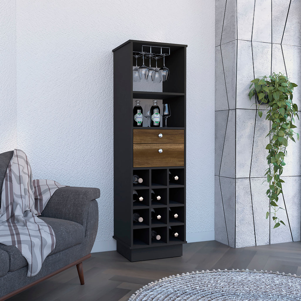 Classic Bar Cabinet, Two Drawers, Twelve Built-in Wine Rack-Black / Walnut