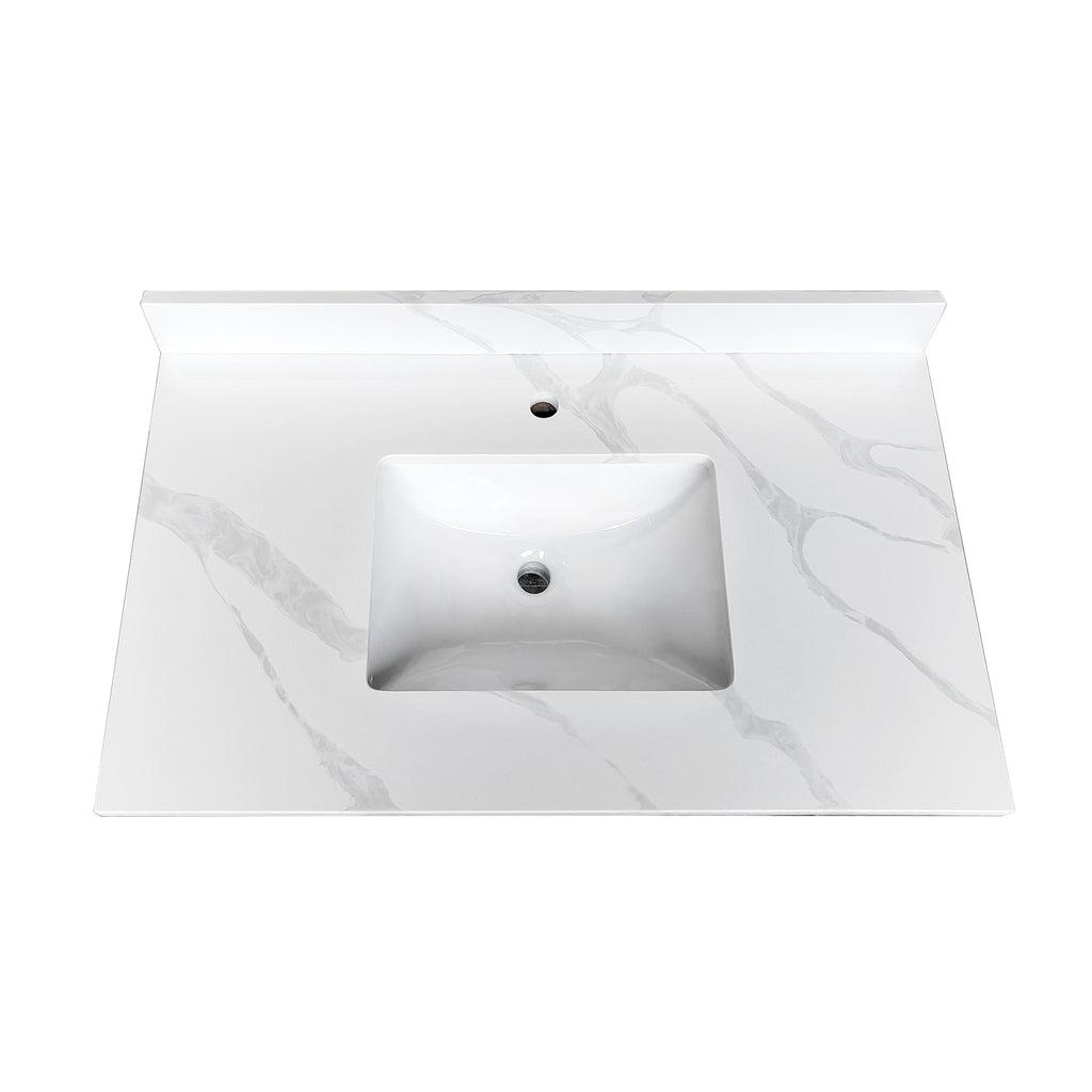 37-inch Quartz Bathroom Vanity Top, 3/4' Thick with Undermount Single Bowl Middle Sink, 4 Inch High Backsplash, 1 Pre-Drilled Faucet Hole, Stain & Heat Resistant, Carrara White Quartz with Veins