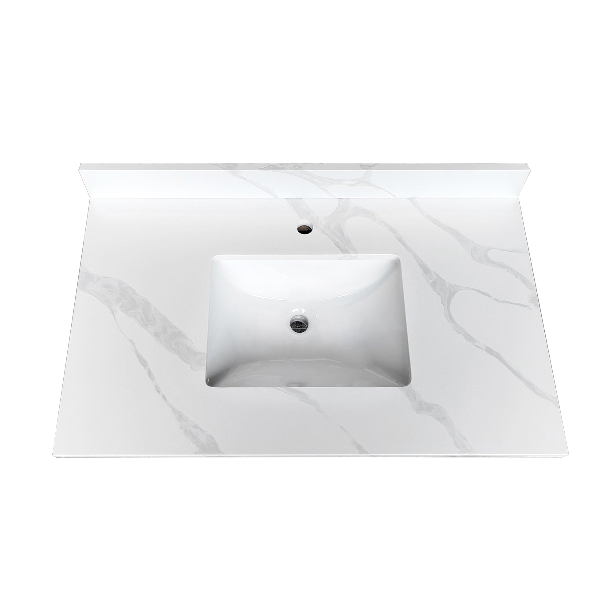 37-inch Quartz Bathroom Vanity Top, 3/4' Thick with Undermount Single Bowl Middle Sink, 4 Inch High Backsplash, 1 Pre-Drilled Faucet Hole, Stain & Heat Resistant, Carrara White Quartz with Veins