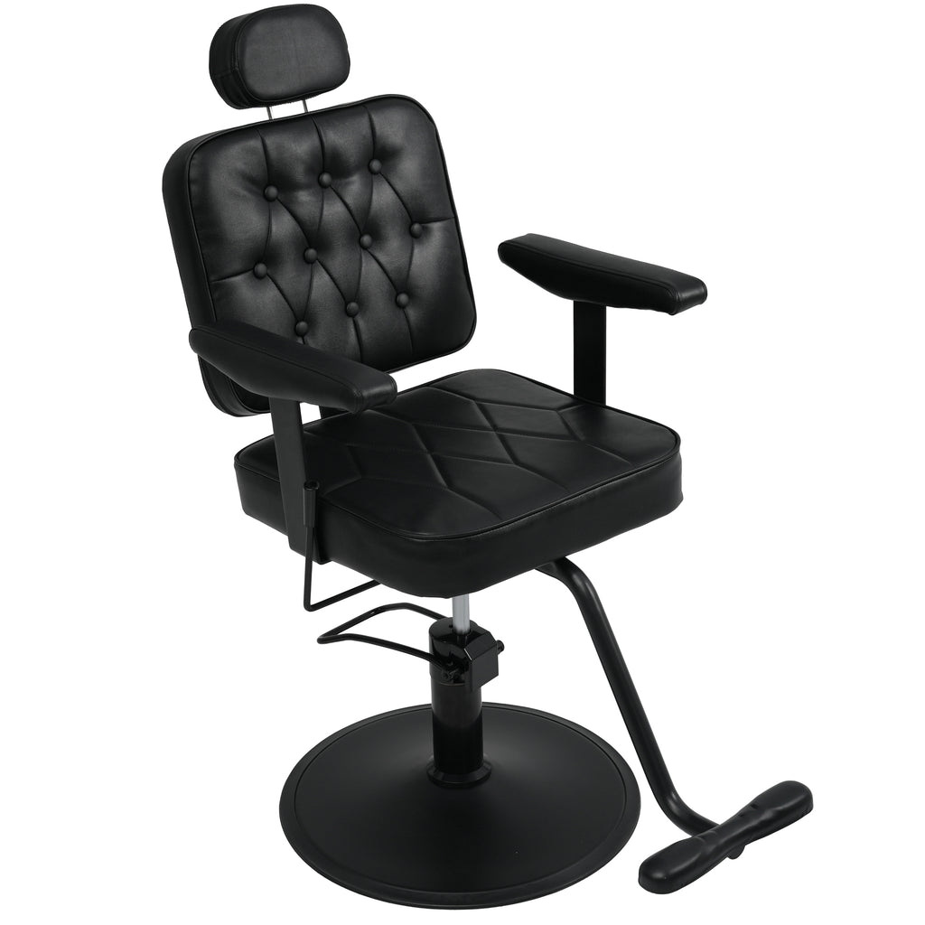 Vintage Modern Barber Salon Chair with Hydraulic Adjustment, 360° Swivel, Removable Headrest, Black PU Leather, 330 lbs Capacity