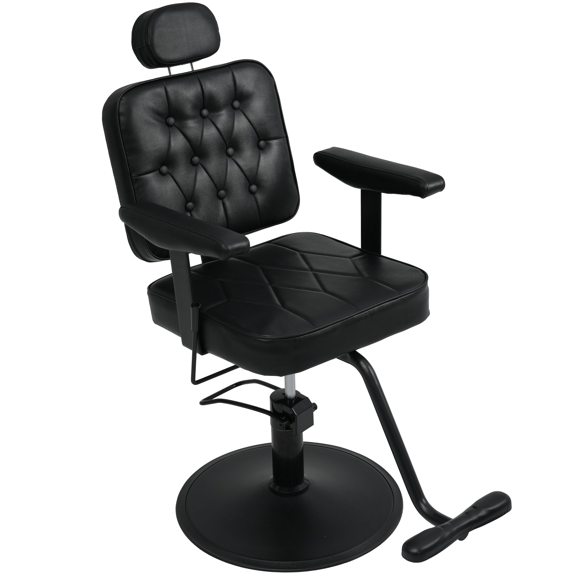 Vintage Modern Barber Salon Chair with Hydraulic Adjustment, 360° Swivel, Removable Headrest, Black PU Leather, 330 lbs Capacity