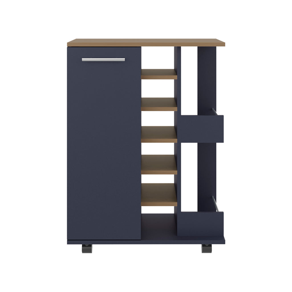 Bar Cart, Two External Shelves, Four Casters, Six Built-In Wine Rack, Single Door Cabinet, Natural Oak, Navy Blue