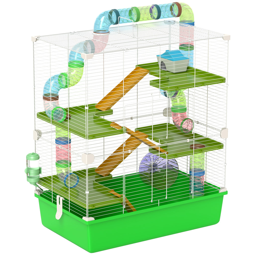 PawHut Extra Large 23' Hamster Cage with Tubes and Tunnels, Portable Carry Handles, Rat House and Habitats Big 5-Tier Design, Mouse Cage Includes Exercise Wheel, Water Bottle, Food Dish, Green
