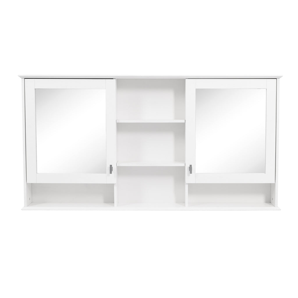 Modern 55-inch Wall-Mount 2-in-1 Mirror Cabinet with Adjustable Shelves, Soft-Closing Hinges, High-Definition Mirrors, White Finish, MDF and Rubber Wood, 55'' x 7.1'' x 28.7''