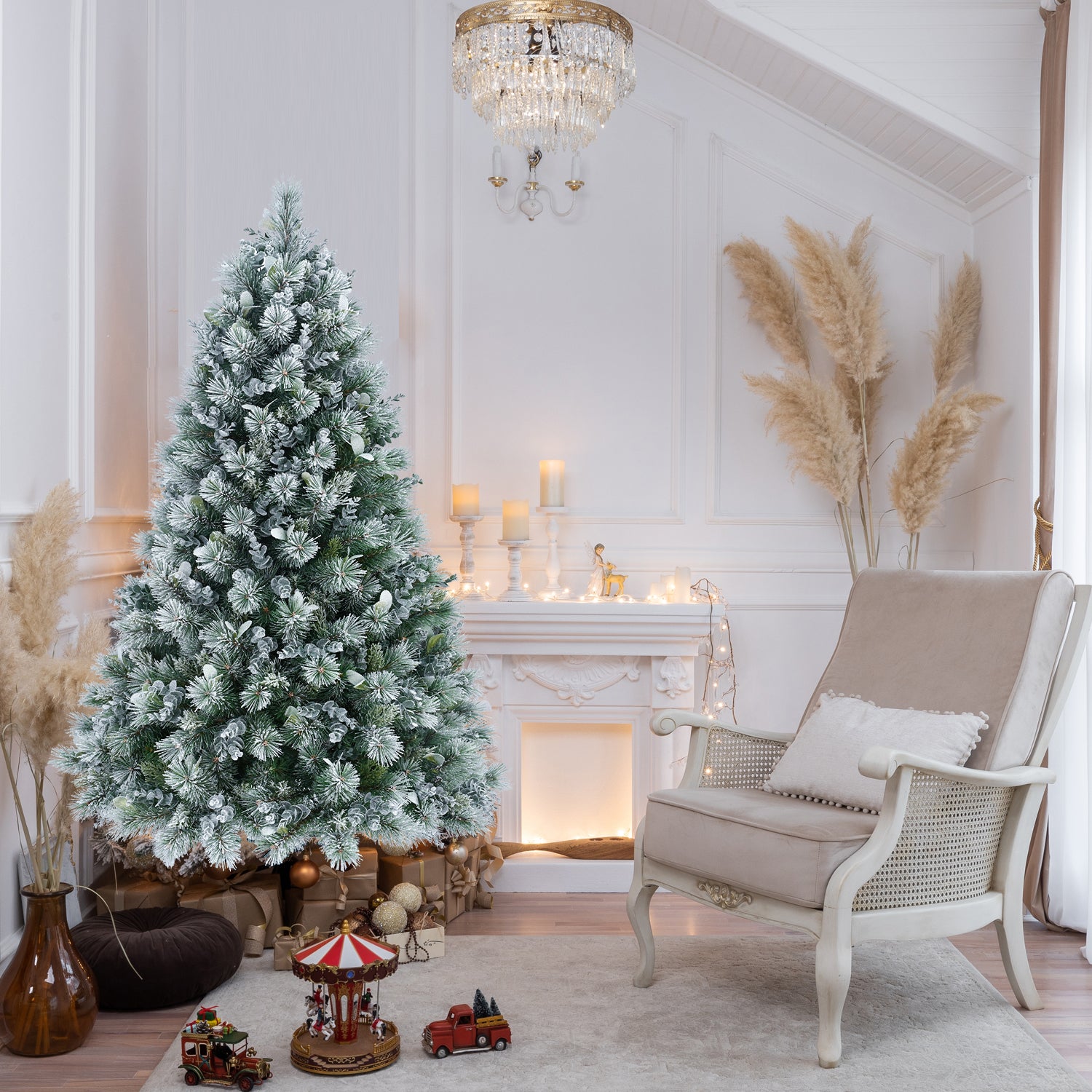 4FT Flocked Christmas Tree with Pine Needles & Eucalyptus Leaves, 404 Tips, Hinged Branches, Metal Stand – Snowy Artificial Tree for Holiday Home, Office, or Winter Decor