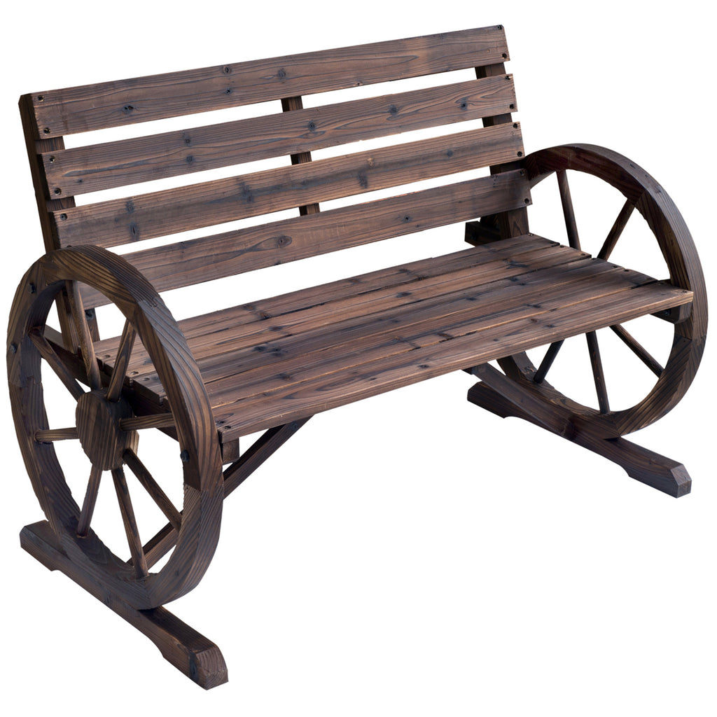 Outsunny 41' Wooden Wagon Wheel Bench, Rustic Outdoor Patio Weather Resistance Furniture, 2-Person Slatted Seat Bench with Backrest, Carbonized