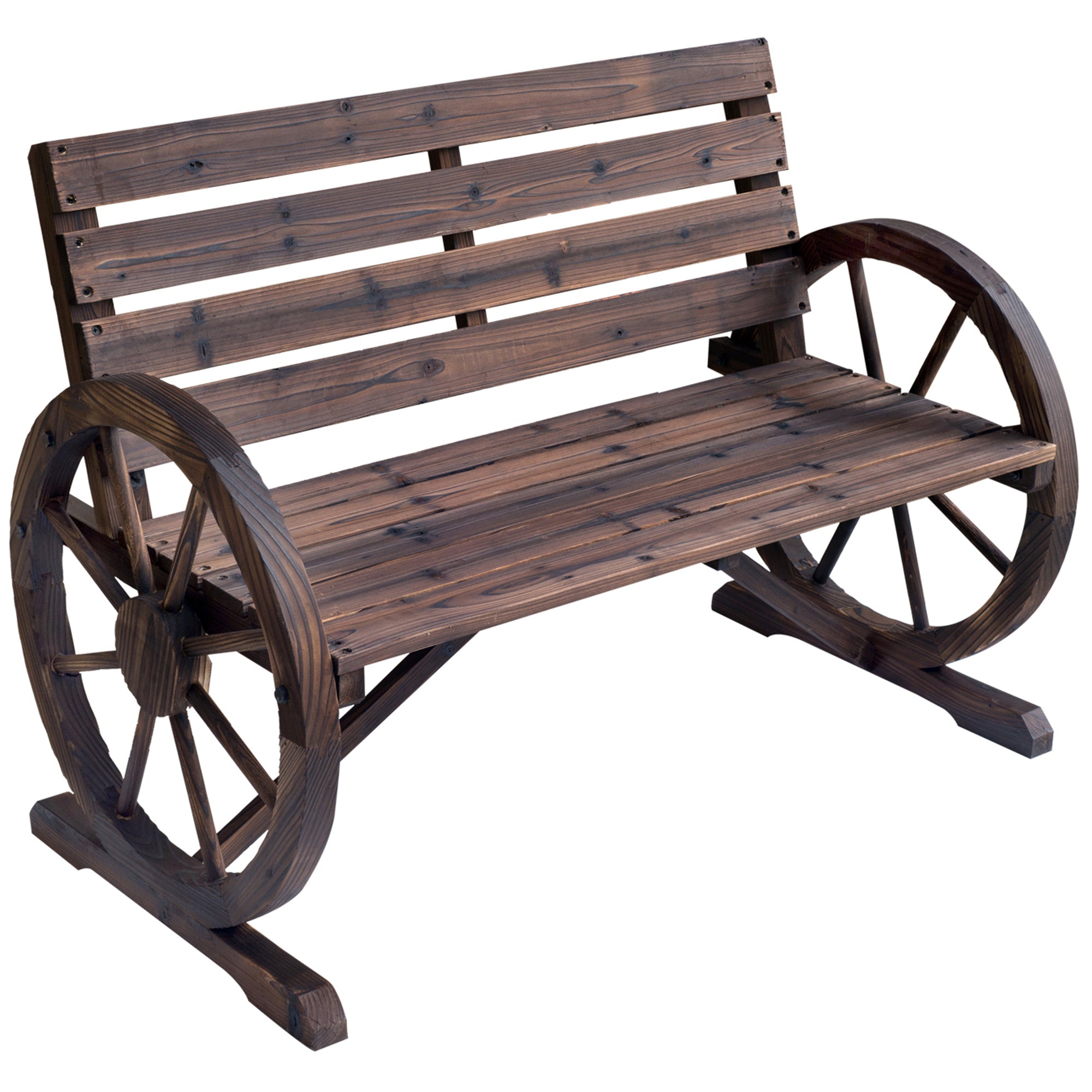 Outsunny 41' Wooden Wagon Wheel Bench, Rustic Outdoor Patio Weather Resistance Furniture, 2-Person Slatted Seat Bench with Backrest, Carbonized