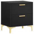 Modern Black and Gold 2-Drawer Rectangular Nightstand with Gold Pulls and Bracket Legs