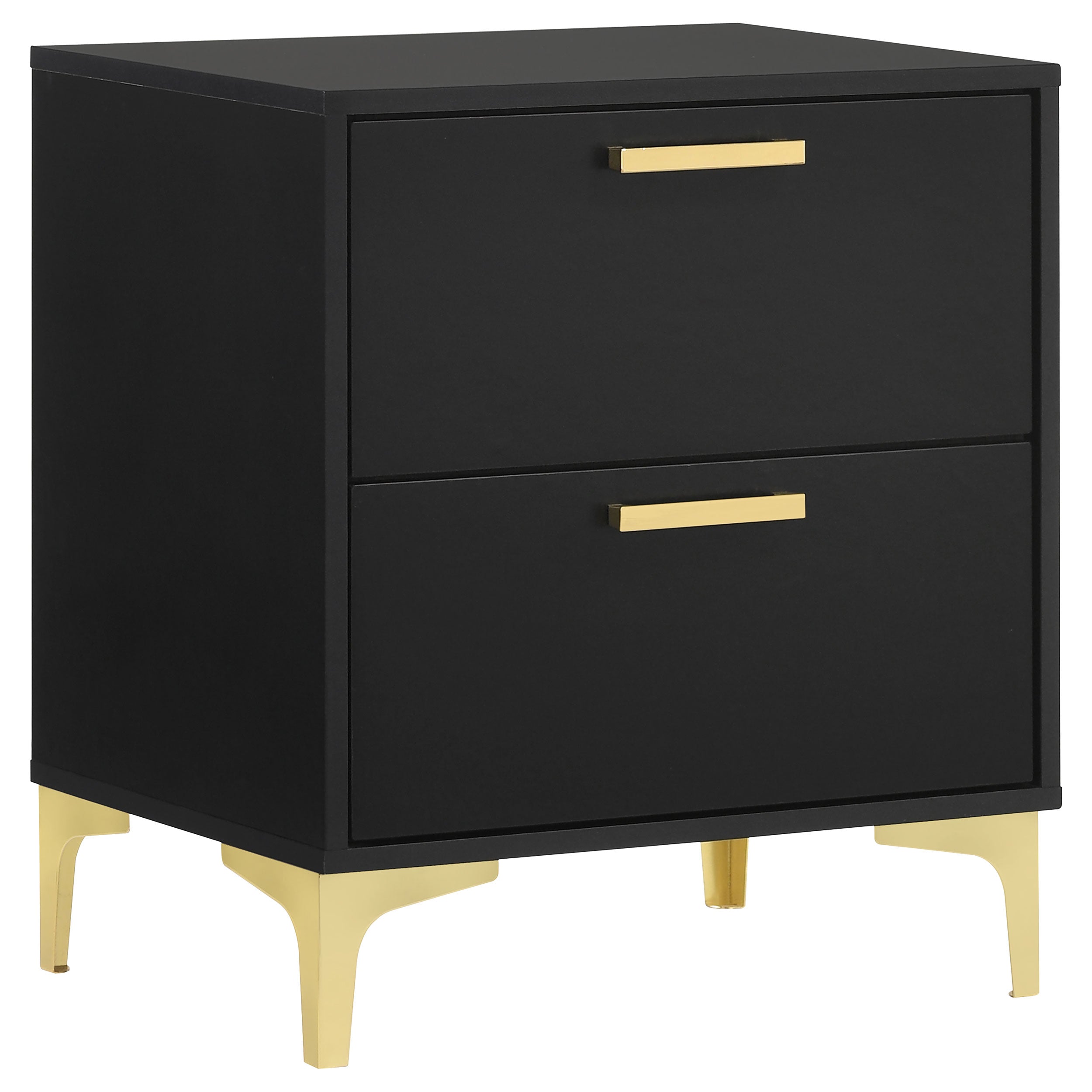 Modern Black and Gold 2-Drawer Rectangular Nightstand with Gold Pulls and Bracket Legs