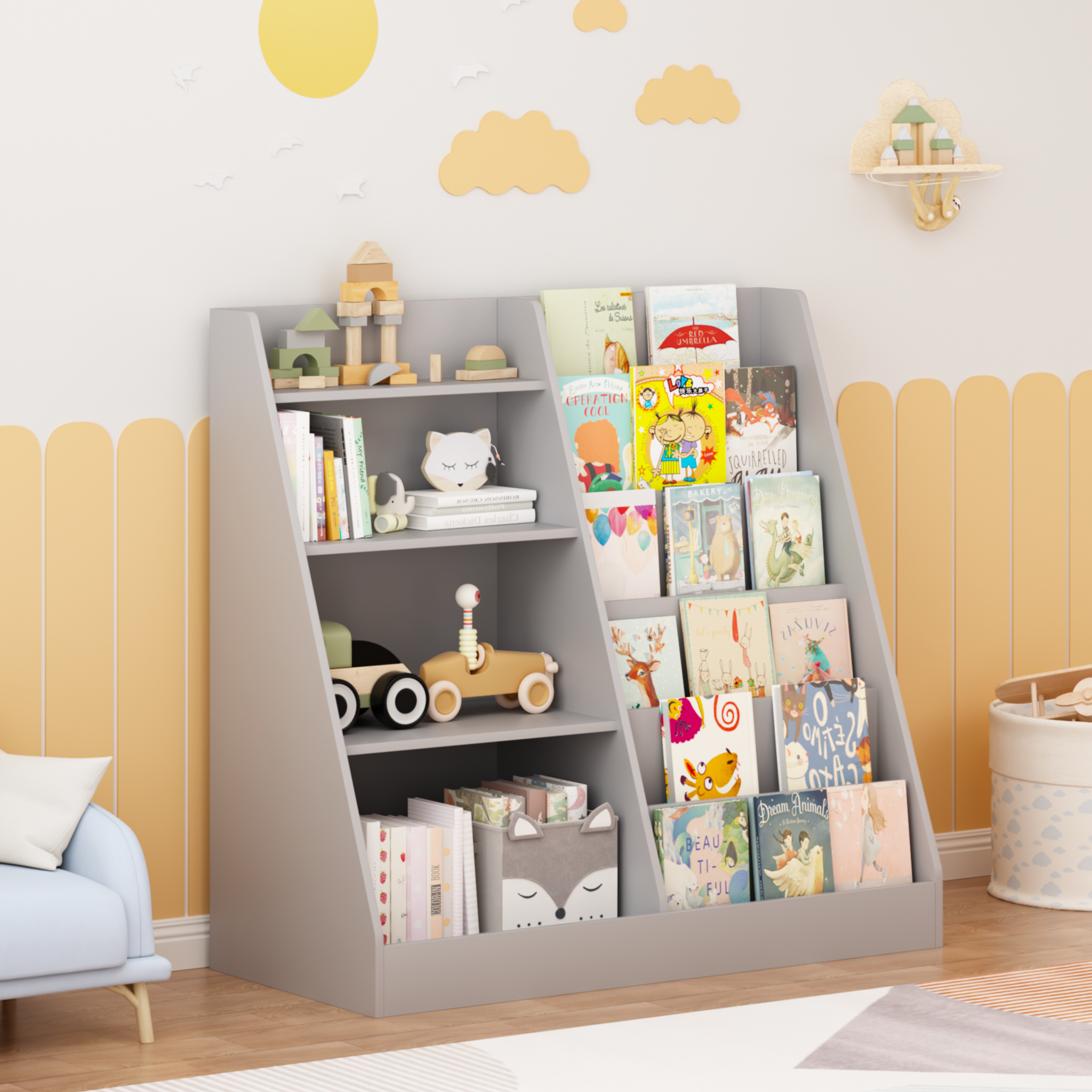 Kids Bookshelf and Toy Storage Organizer, Multifunctional 4 Tier Wooden Kids Book Shelf with  Bookcase Display Stand in Kids Room Playroom Nursery for Kids, Children, Toddlers (Gray)
