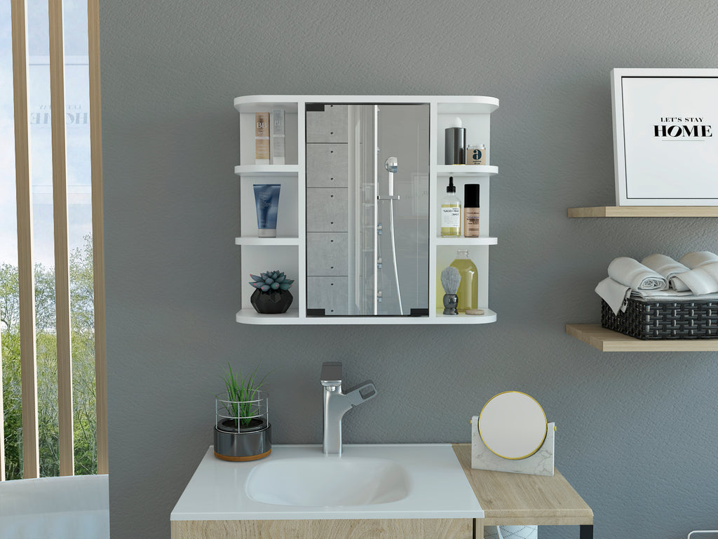 Milan Medicine Cabinet, Six External Shelves Mirror, Three Internal Shelves -White