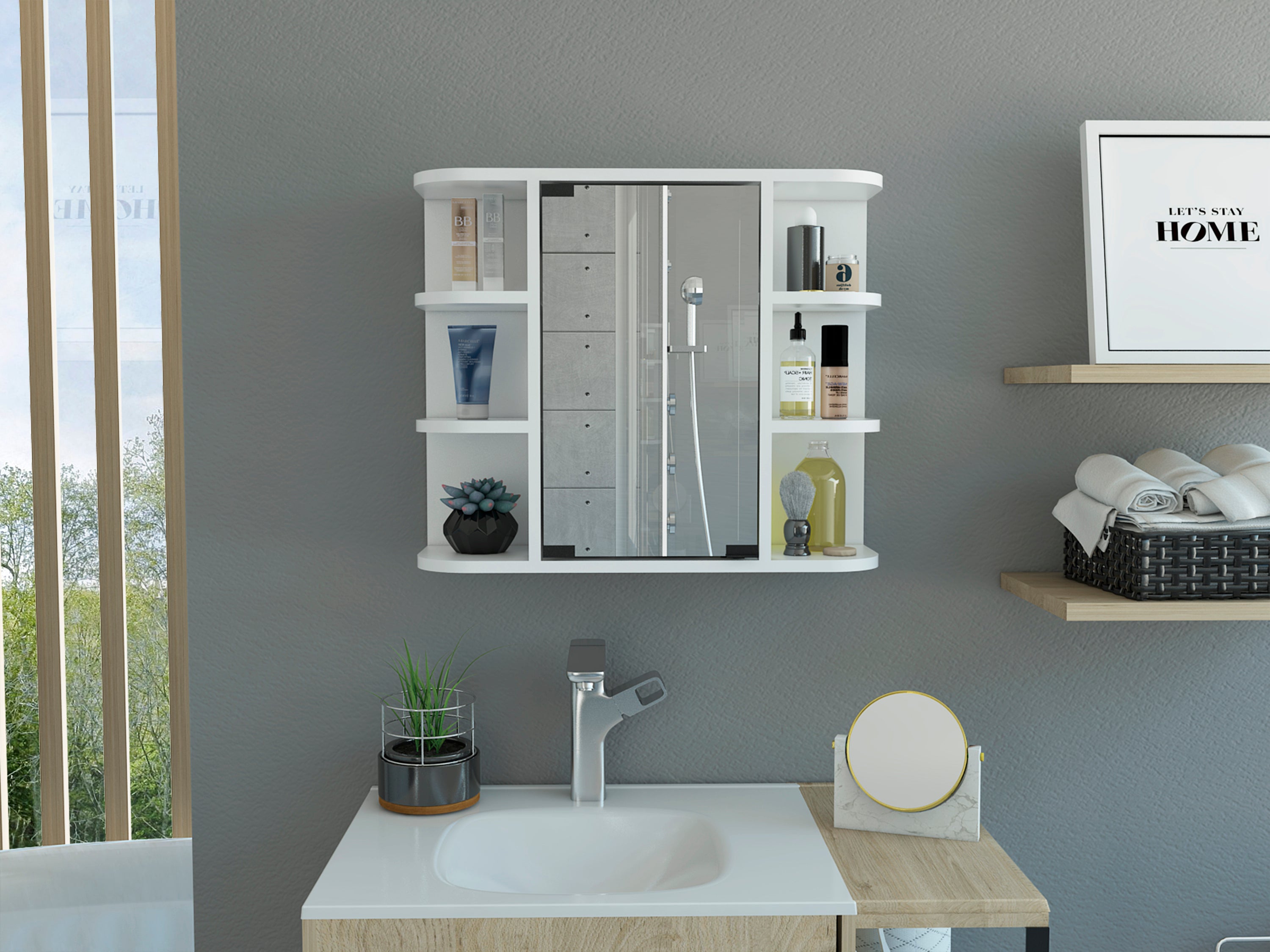 Milan Medicine Cabinet, Six External Shelves Mirror, Three Internal Shelves -White