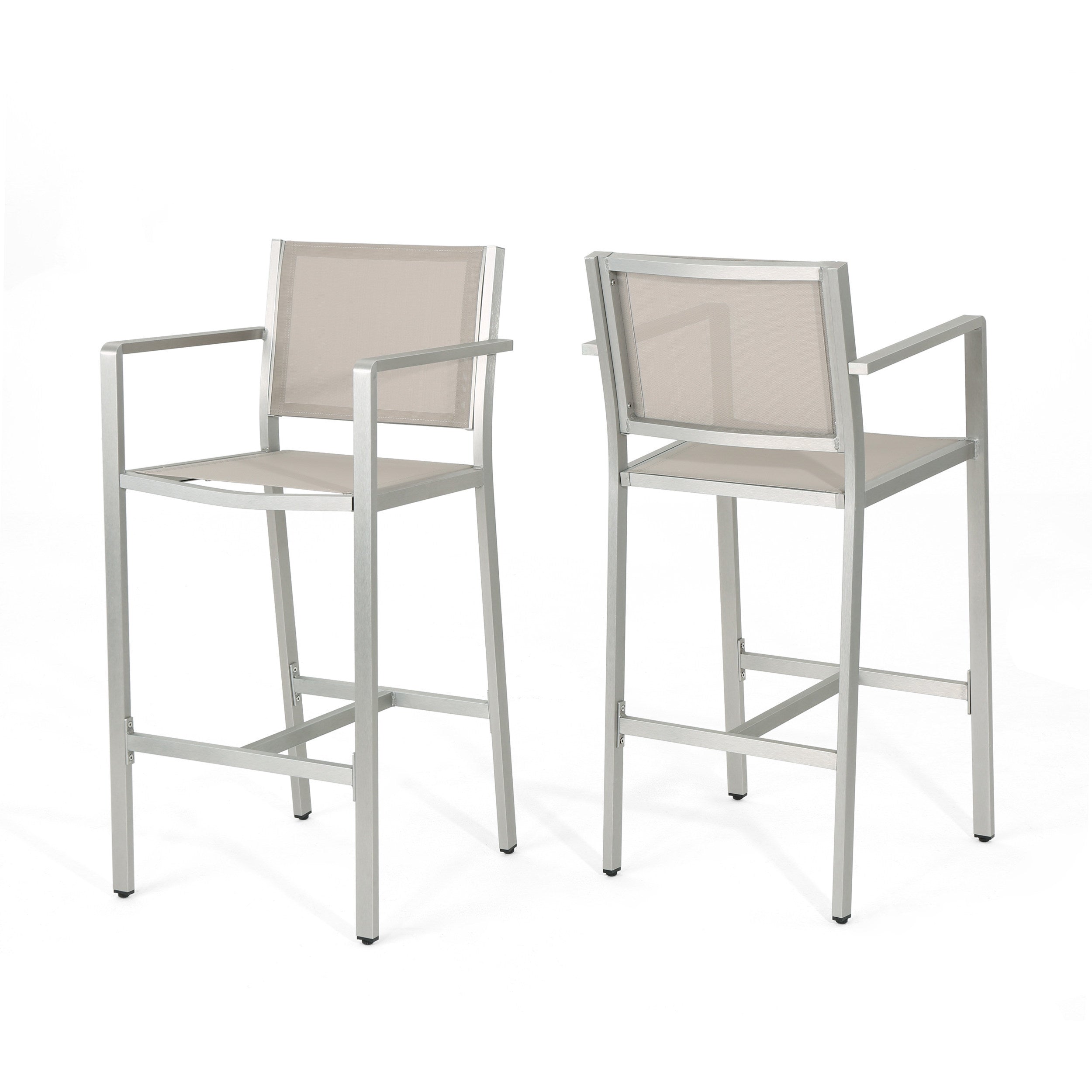 29.5' Outdoor Rust-Proof Aluminum Barstools with Grey Mesh Backrest and Seat, Set of 2