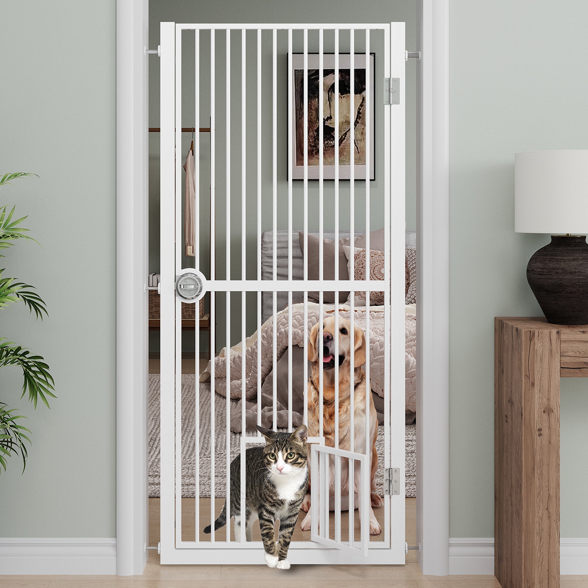 61' Extra Tall Cat Gate for Doorway, Adjustable Wide 30.2'-32.6' Dog Door with Cat Door, Suitable for Doorways or Kitchen, No Drilling Pressure Mount Kit, White
