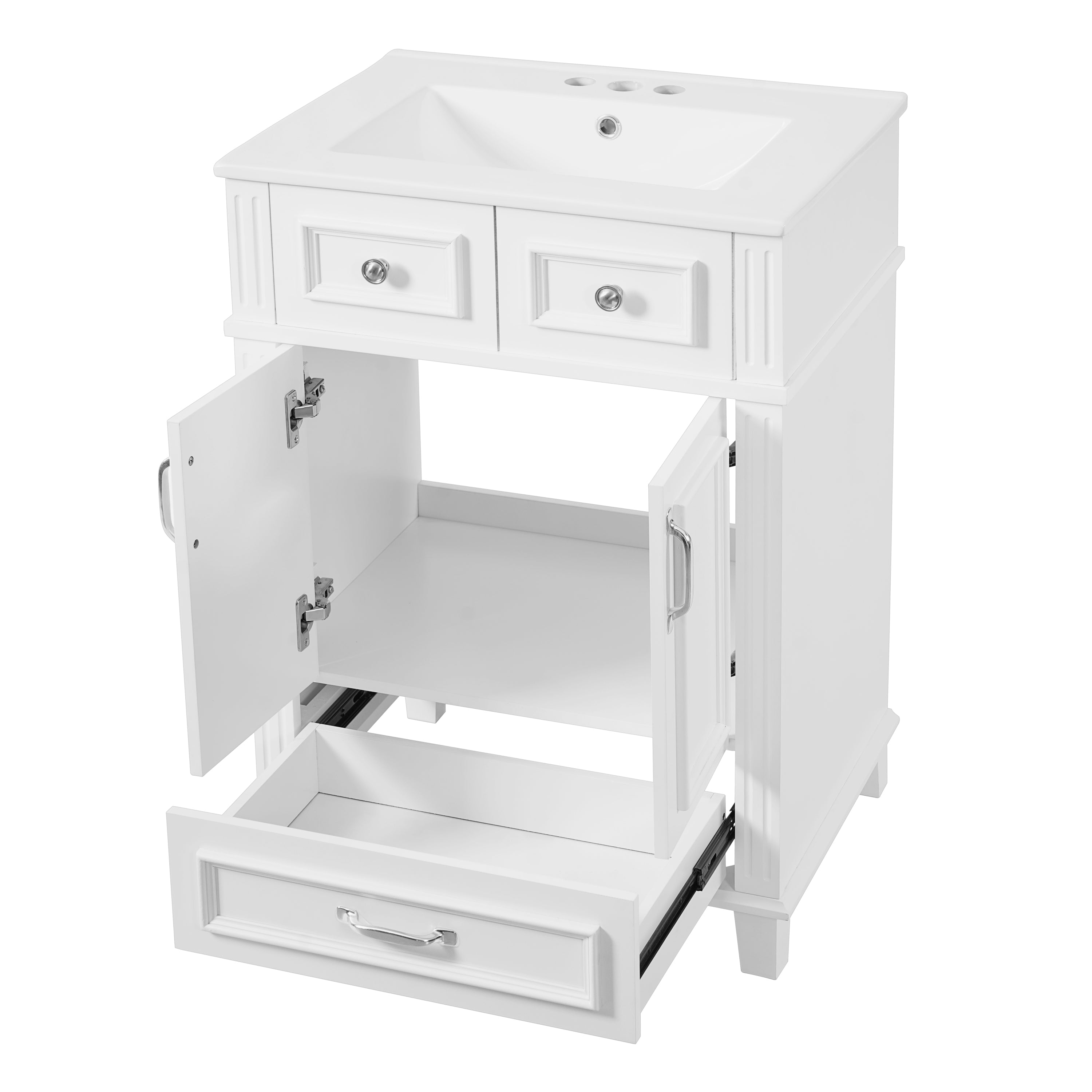 Retro White Bathroom Vanity with Ceramic Sink, Solid Wood Frame Storage Cabinet, 24''