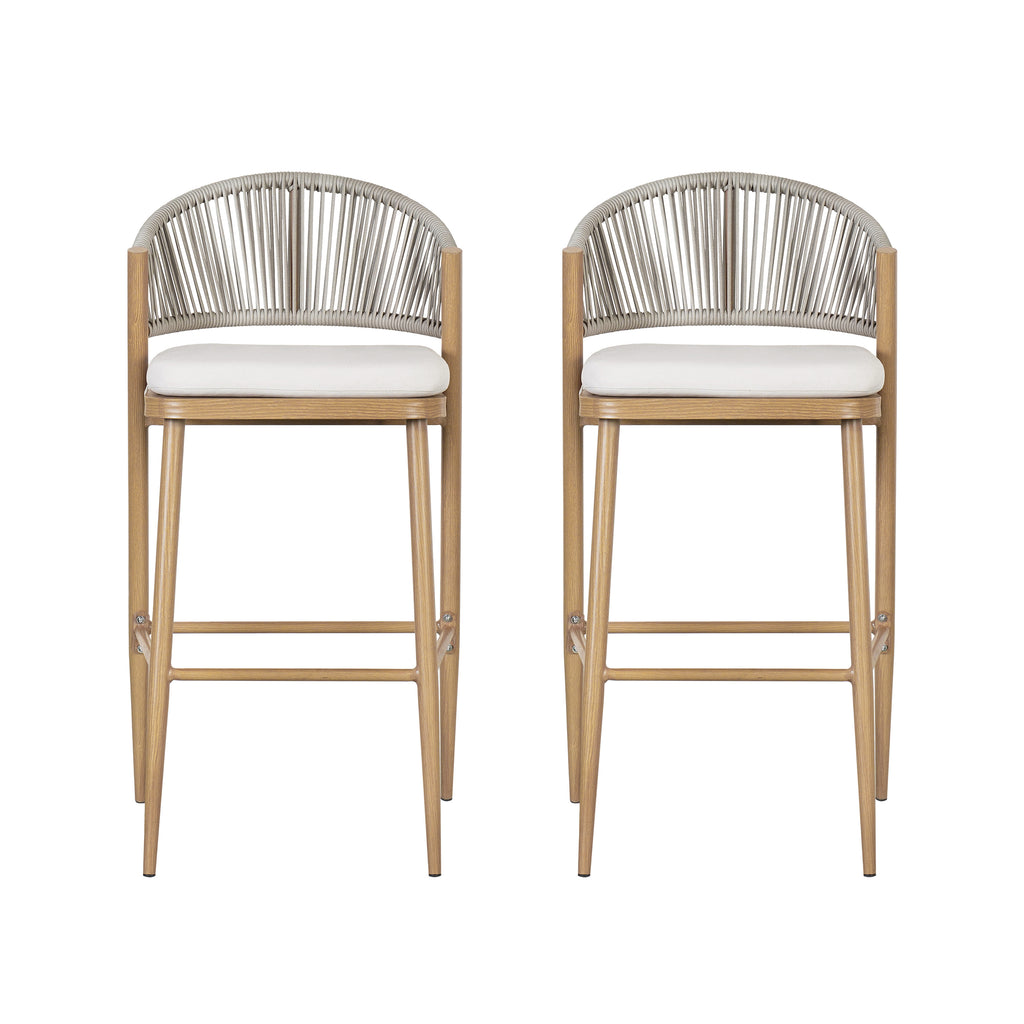 Outdoor 30.25' Bar Height Aluminum Frame Counter Stools with Scallop-shaped Backrest & Water-resistant Cushions, Set of 2, Maple Finish