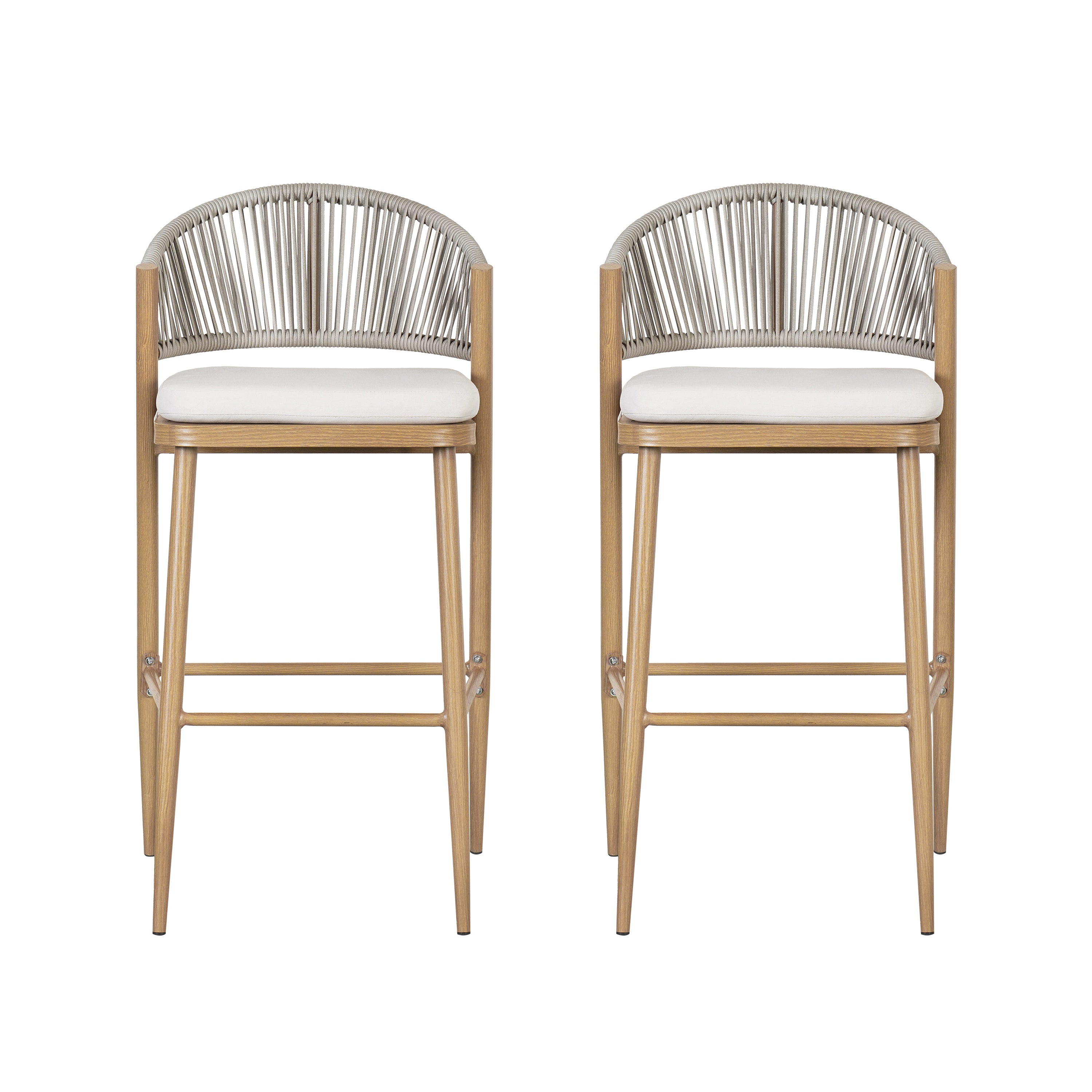 Outdoor 30.25' Bar Height Aluminum Frame Counter Stools with Scallop-shaped Backrest & Water-resistant Cushions, Set of 2, Maple Finish
