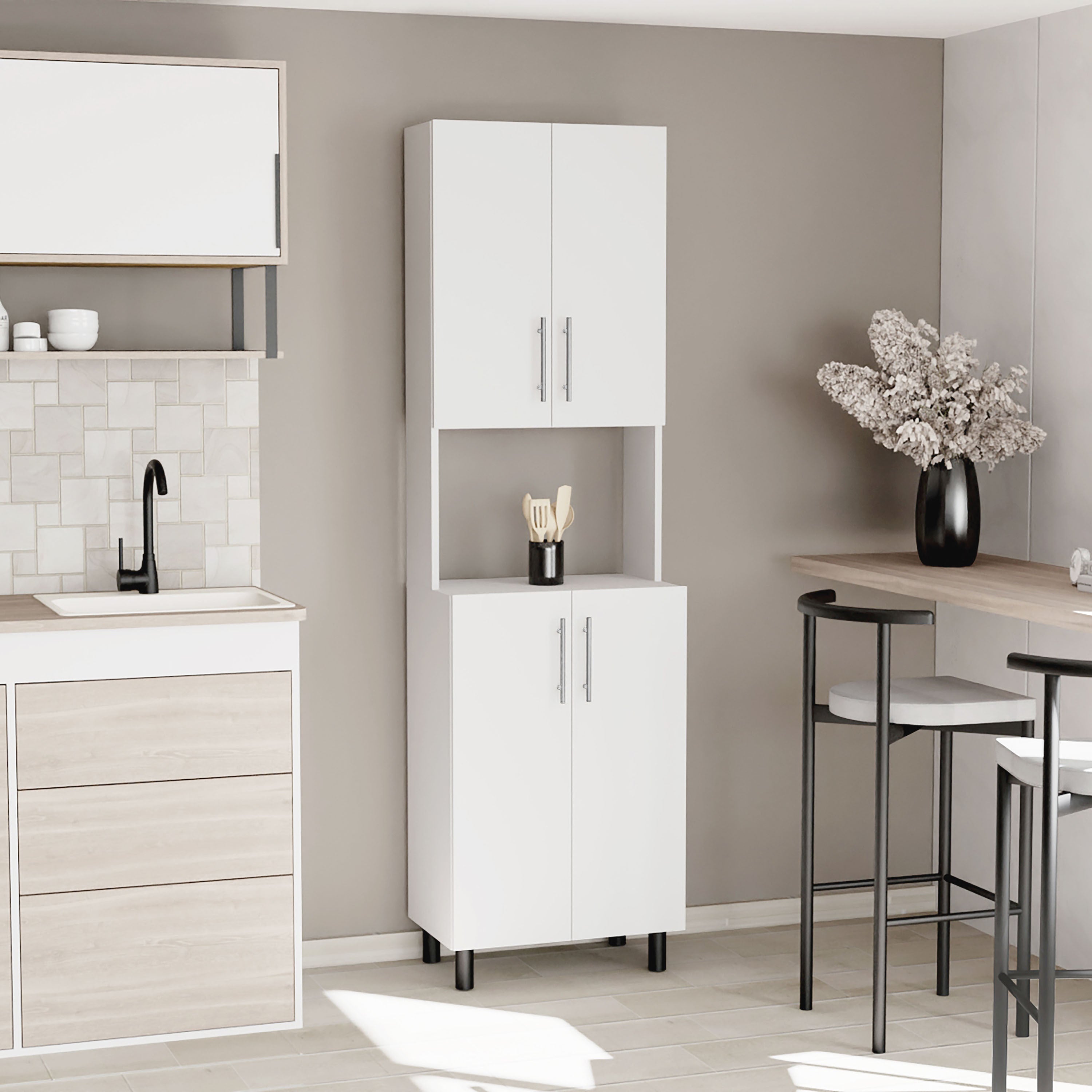 Linden 76,8' Tall Two Double Door Cabinet Kitchen Pantry with Hutch and Five Shelves, Microwave Cabinet, Storage Cabinet, Kitchen Organization, Garage Cabinet, Kitchen White