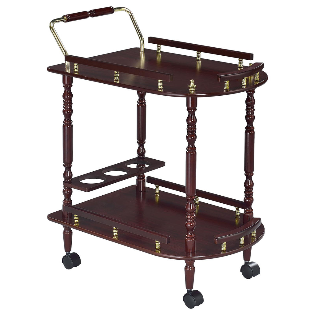 Merlot and Brass 2-Shelf Serving Cart with Elegant Wood and Metal Accents, Brown Finish, 31.25H x 24.75W x 15.75D